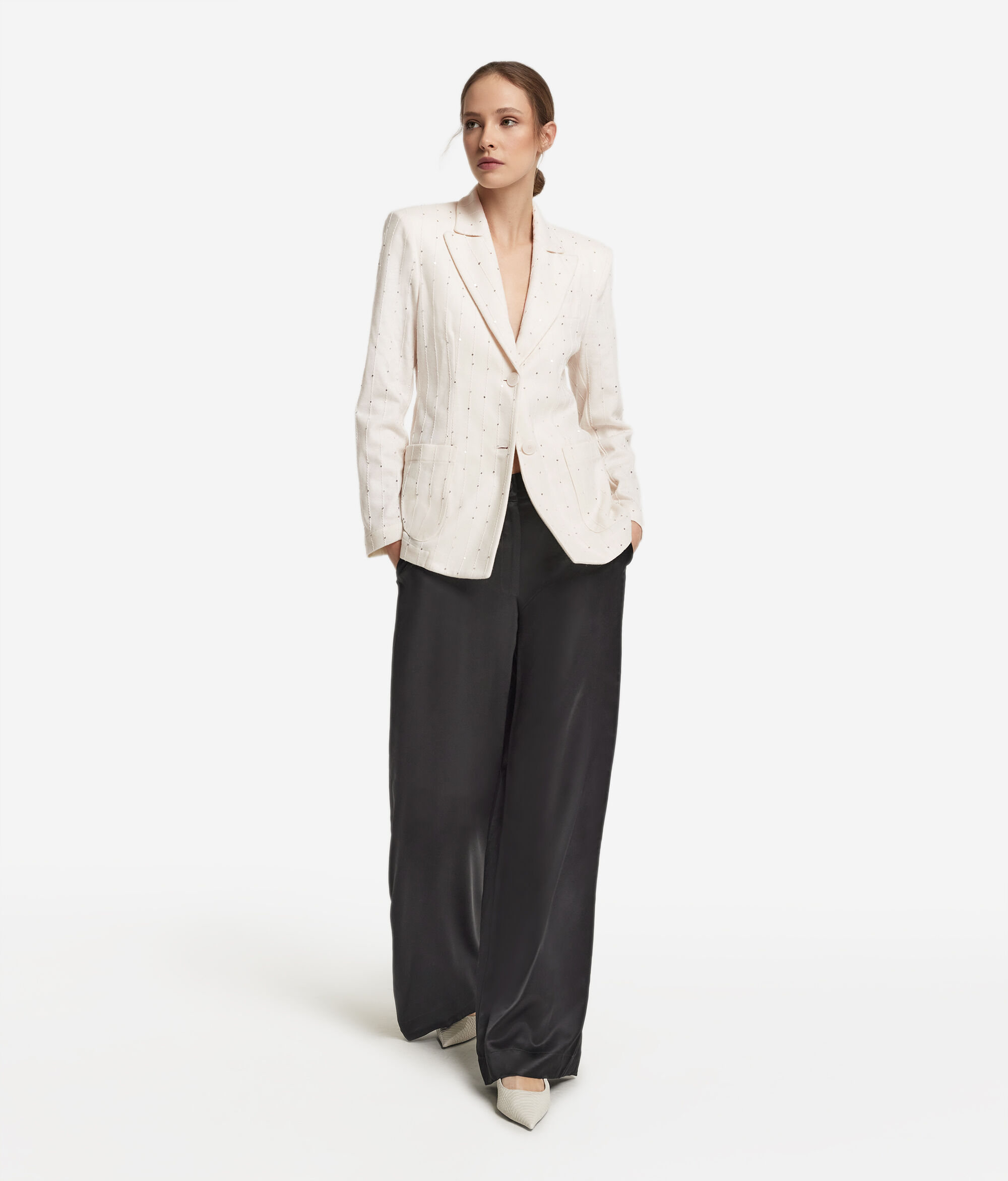 Wełniana marynarka w prążki z cekinami