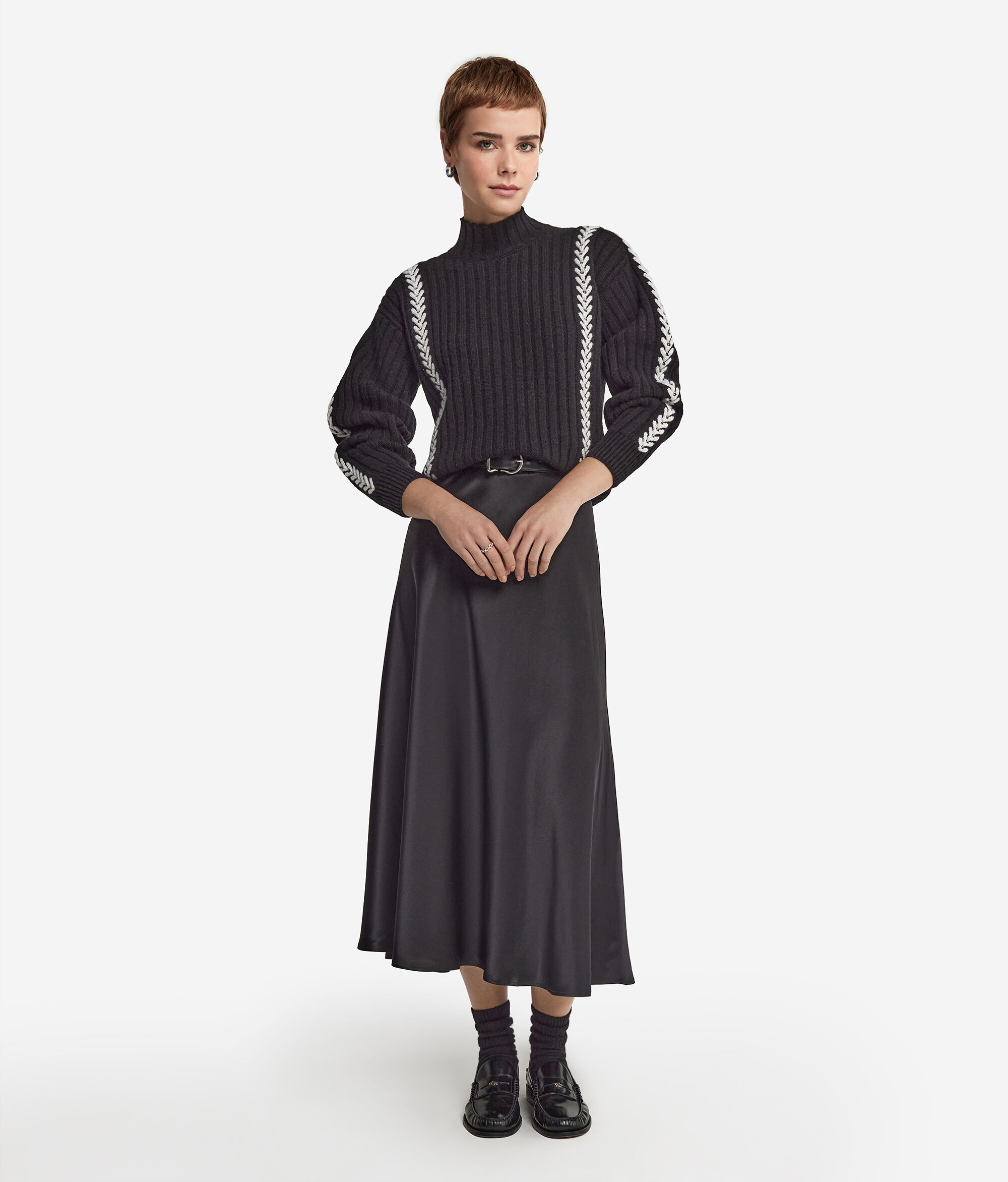 Pull à col montant brodé avec motif côtelé en cachemire ultra-doux