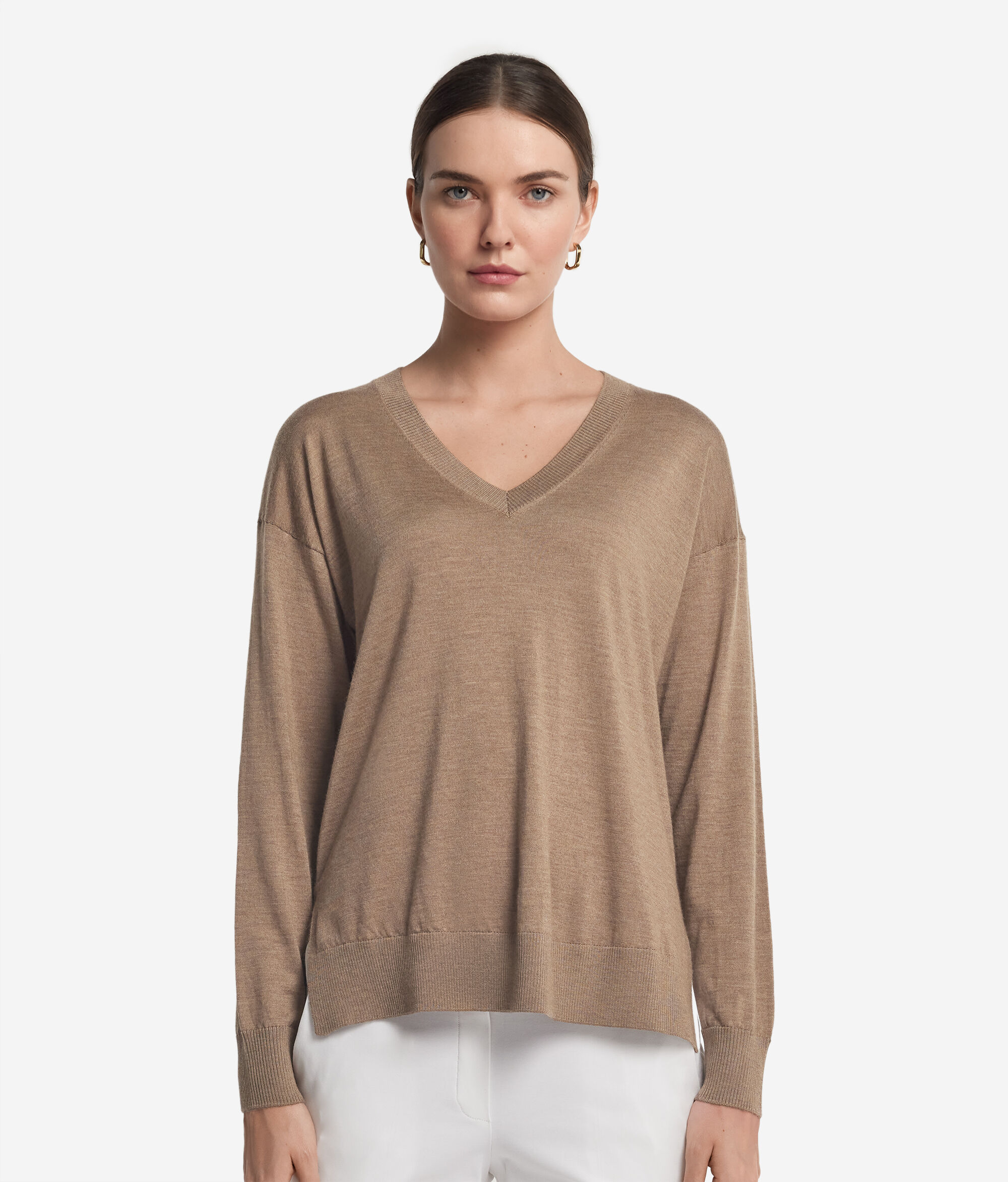 Camisola com Decote em V em Caxemira com Rachas
