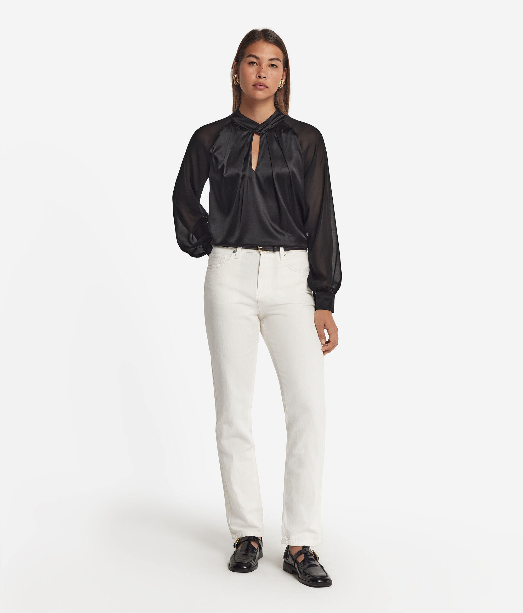 Silk Satin Blouse with Crossover Collar