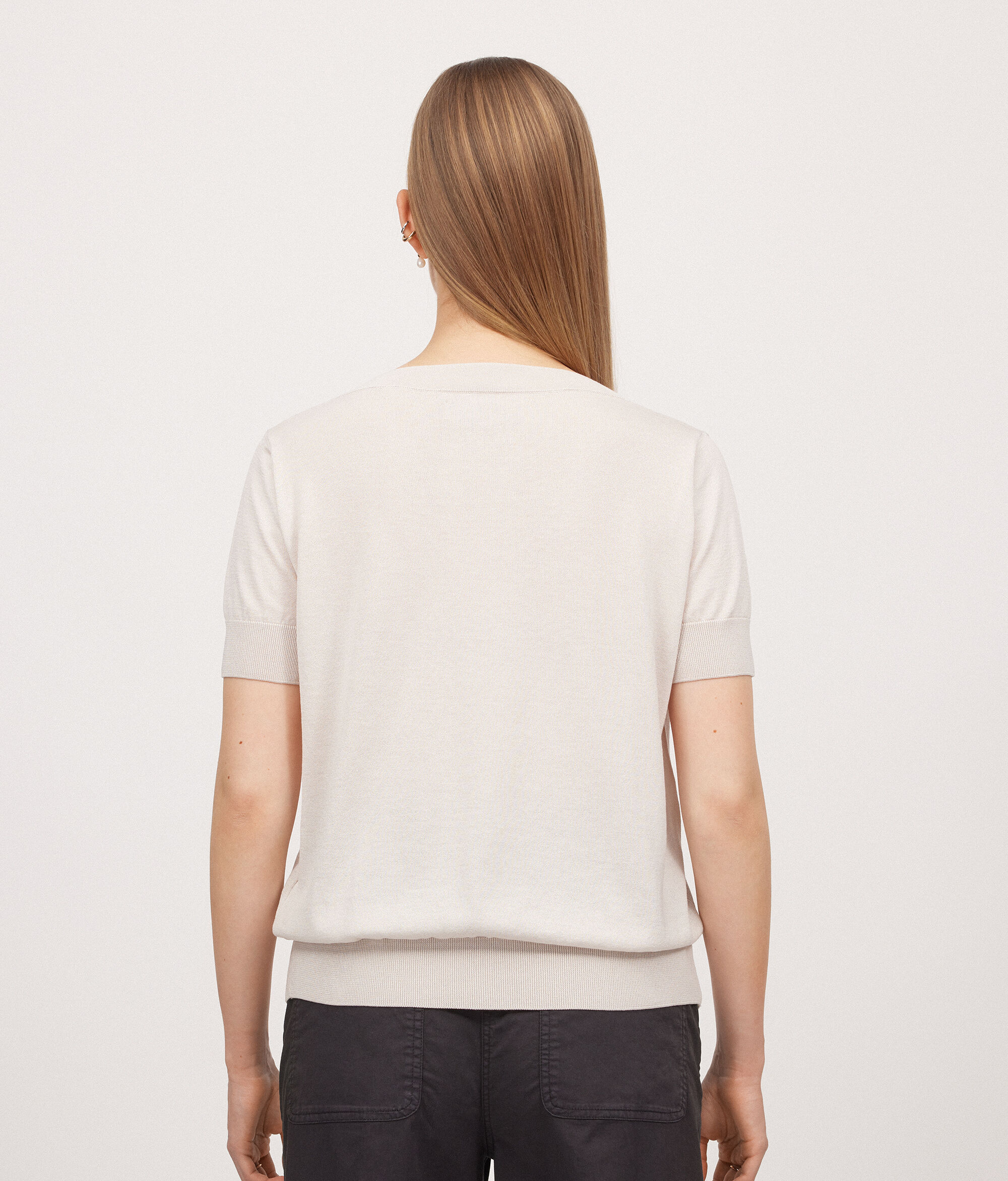 Short-Sleeved V-Neck Silk and Cotton Jumper