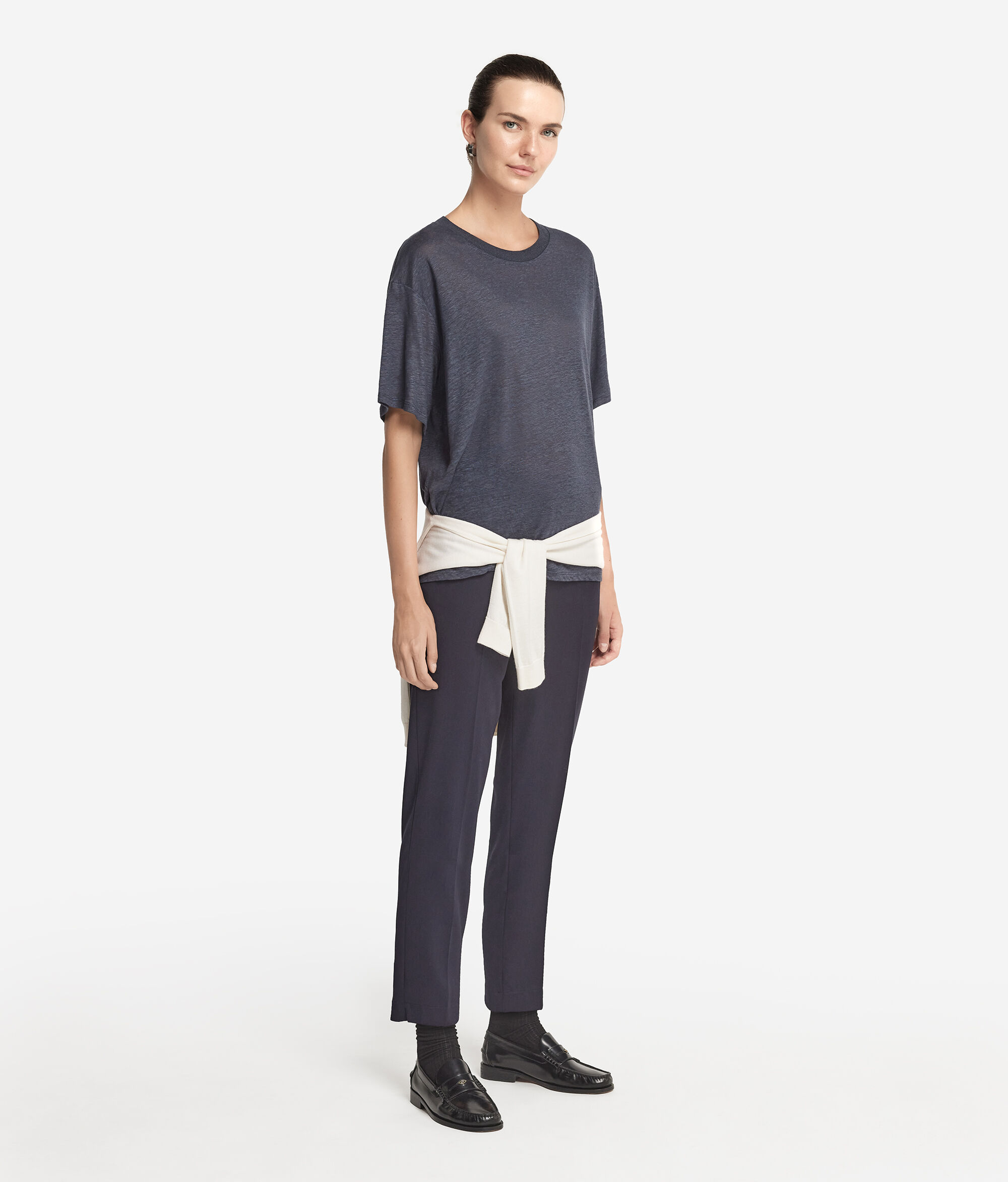 T-Shirt mit Rundhalsausschnitt aus Leinen mit Stricksaum