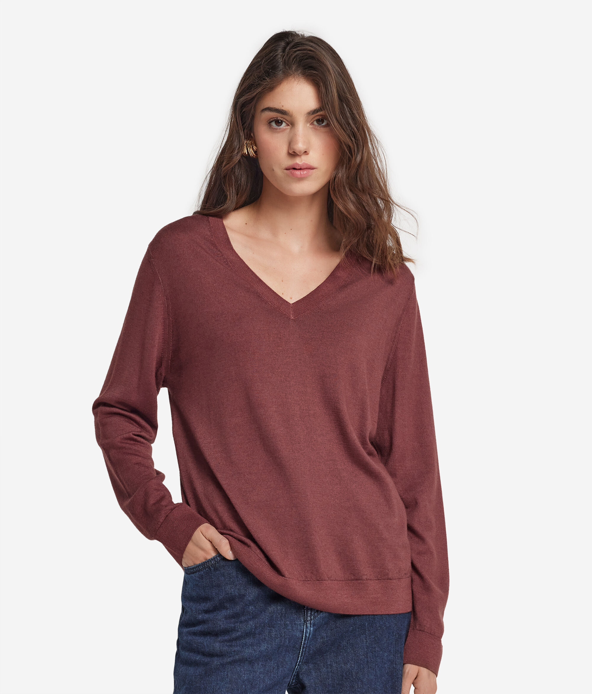 Jersey con cuello de pico de cashmere ultrafine