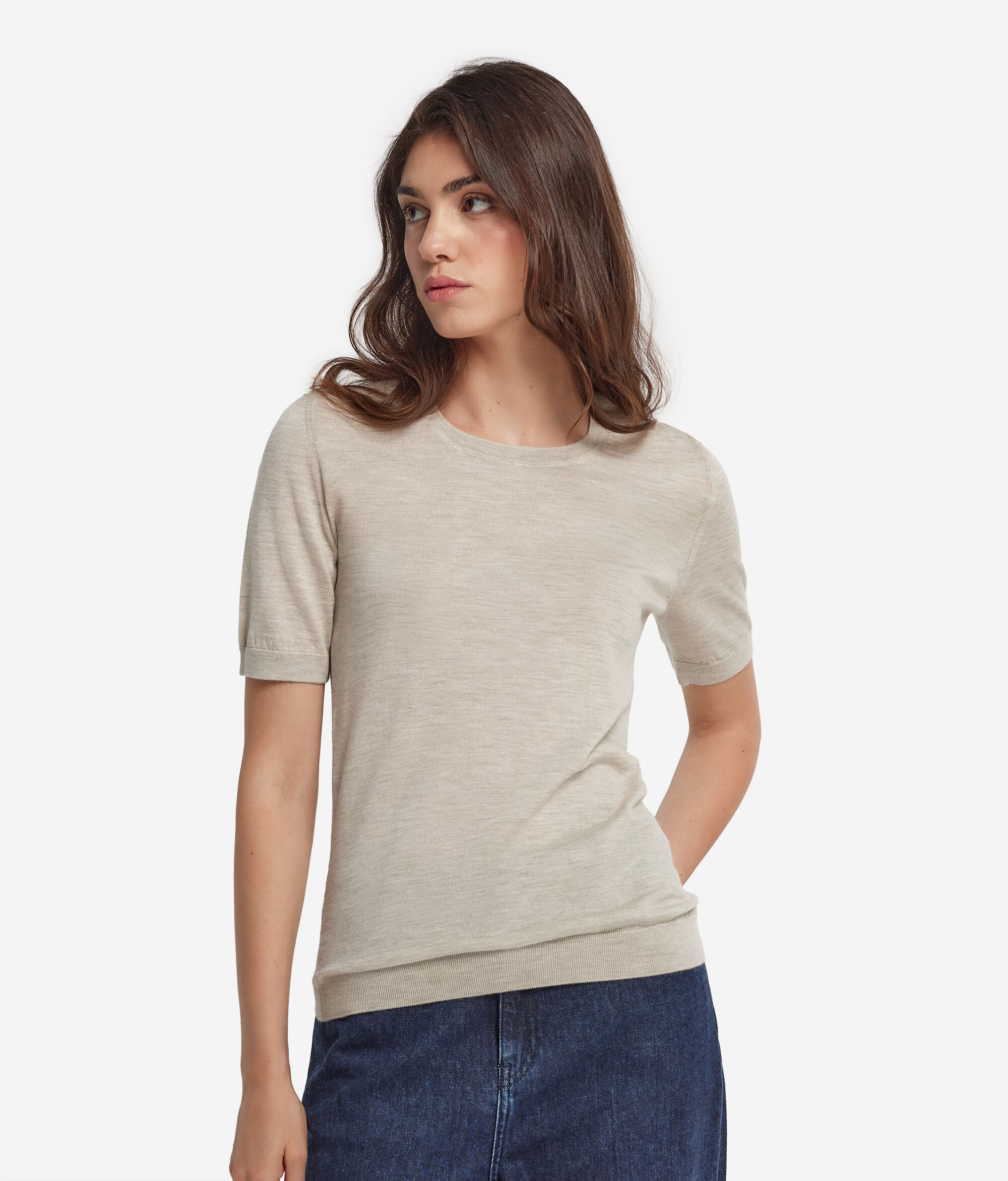 Jersey de manga corta de mujer con cuello redondo de Cashmere Ultrafine