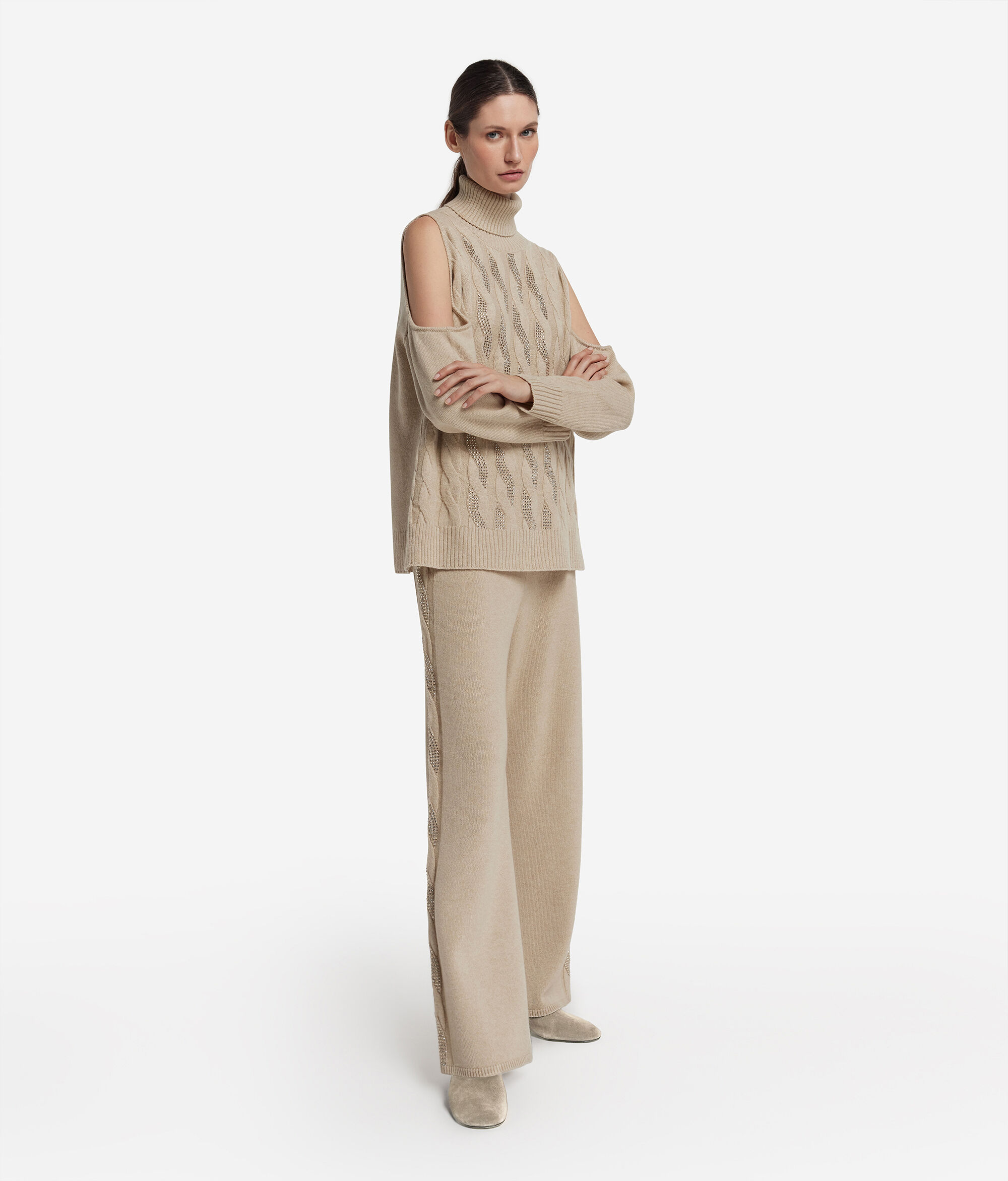 Cut-out Cable-knit Sweater with Rhinestones in Ultrasoft Cashmere