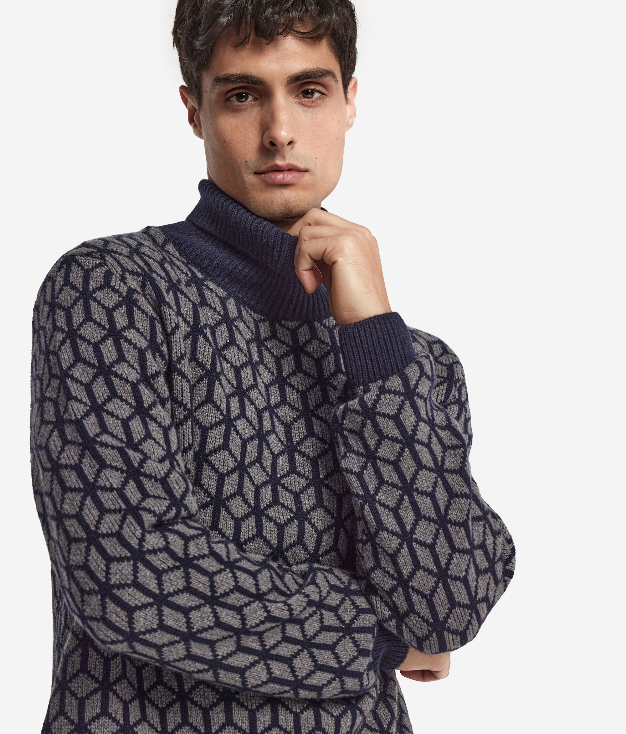 Jacquard Cashmere Turtleneck Jumper with Optical Motif