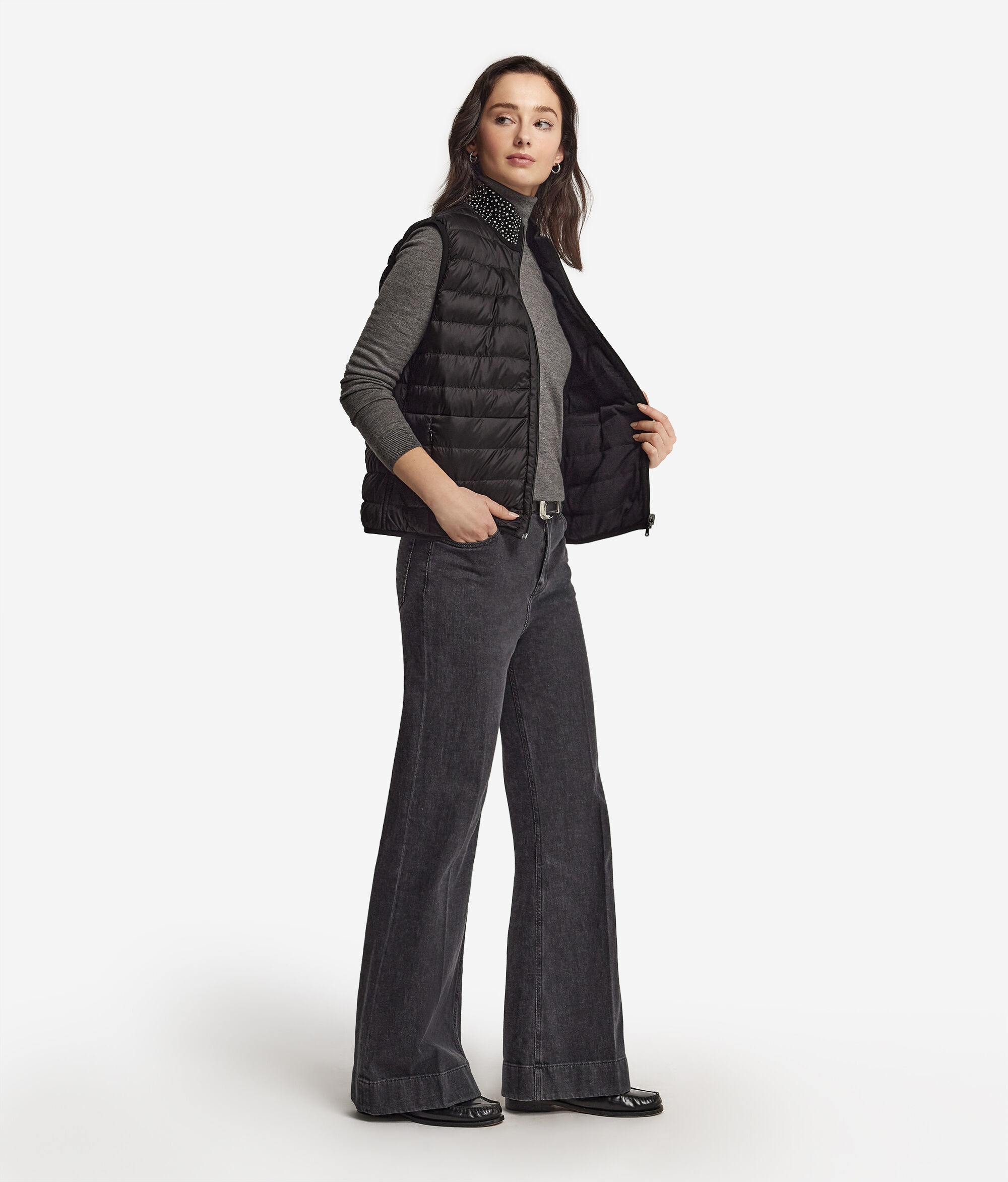 Ultrafine Cashmere Reversible Down Vest with Rhinestones