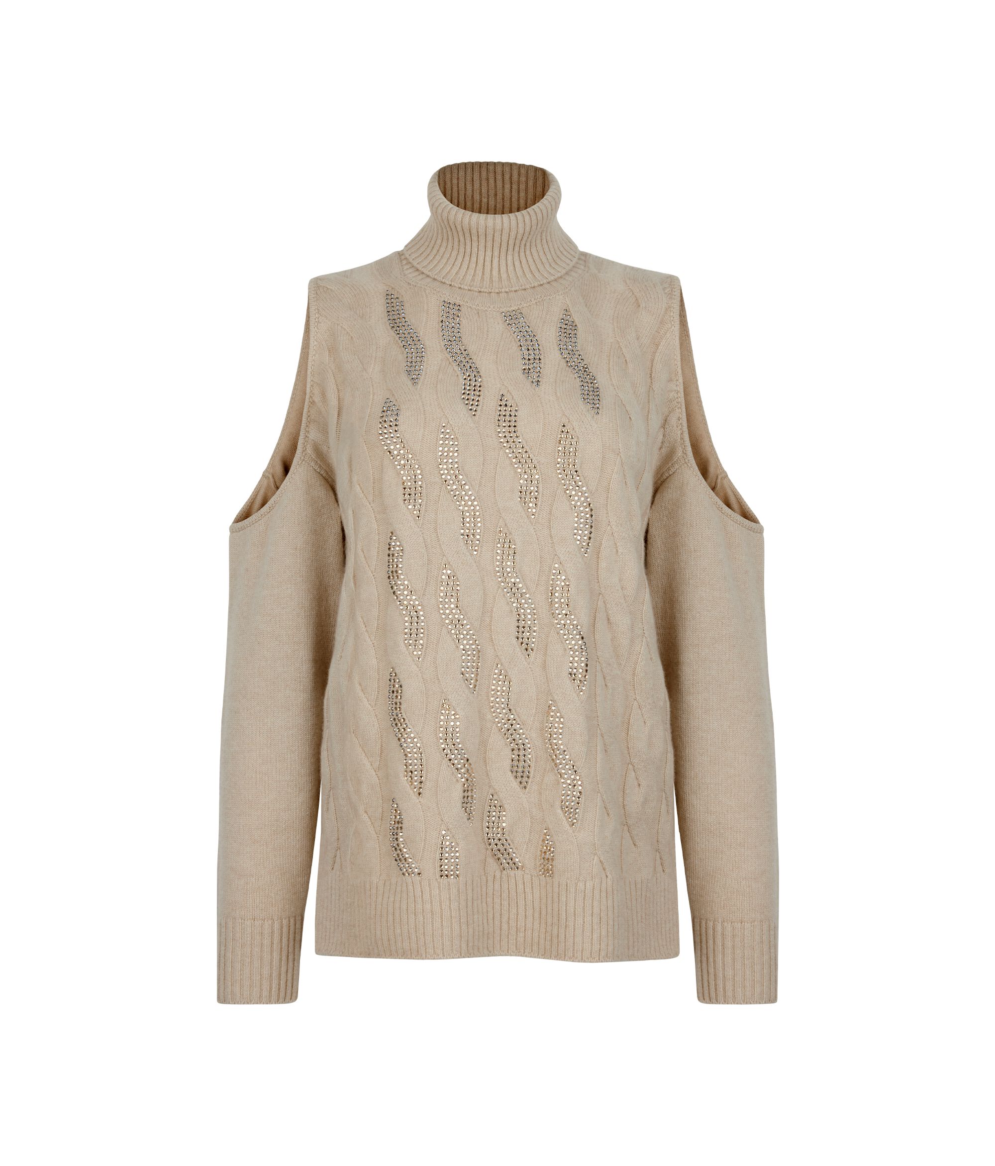 Cut-out Cable-knit Sweater with Rhinestones in Ultrasoft Cashmere