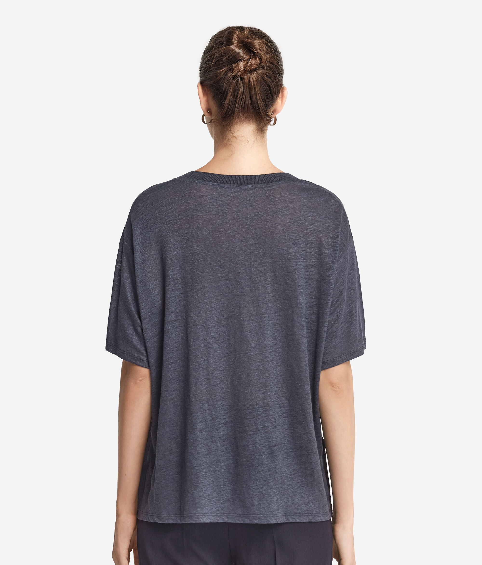 T-Shirt mit Rundhalsausschnitt aus Leinen mit Stricksaum