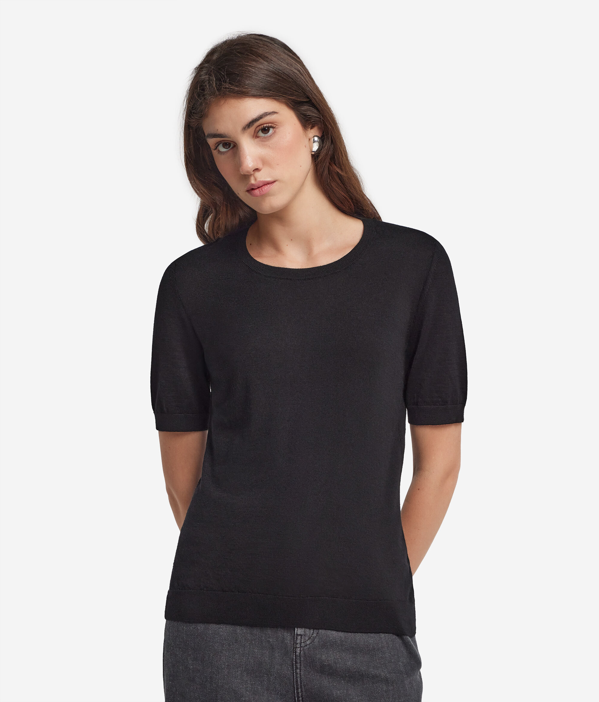 Jersey de manga corta de mujer con cuello redondo de Cashmere Ultrafine