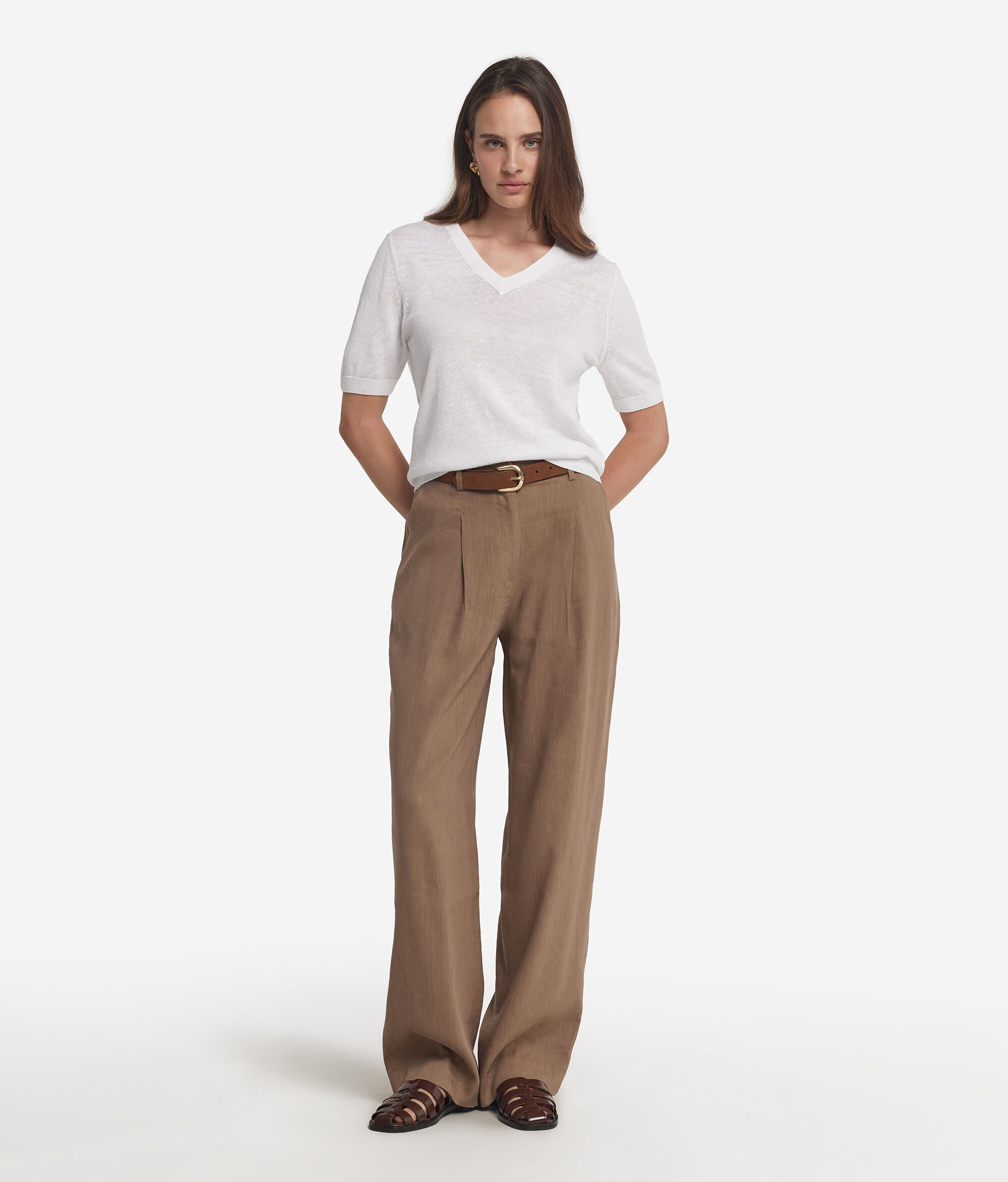 V Neck T-Shirt in Linen and Cotton