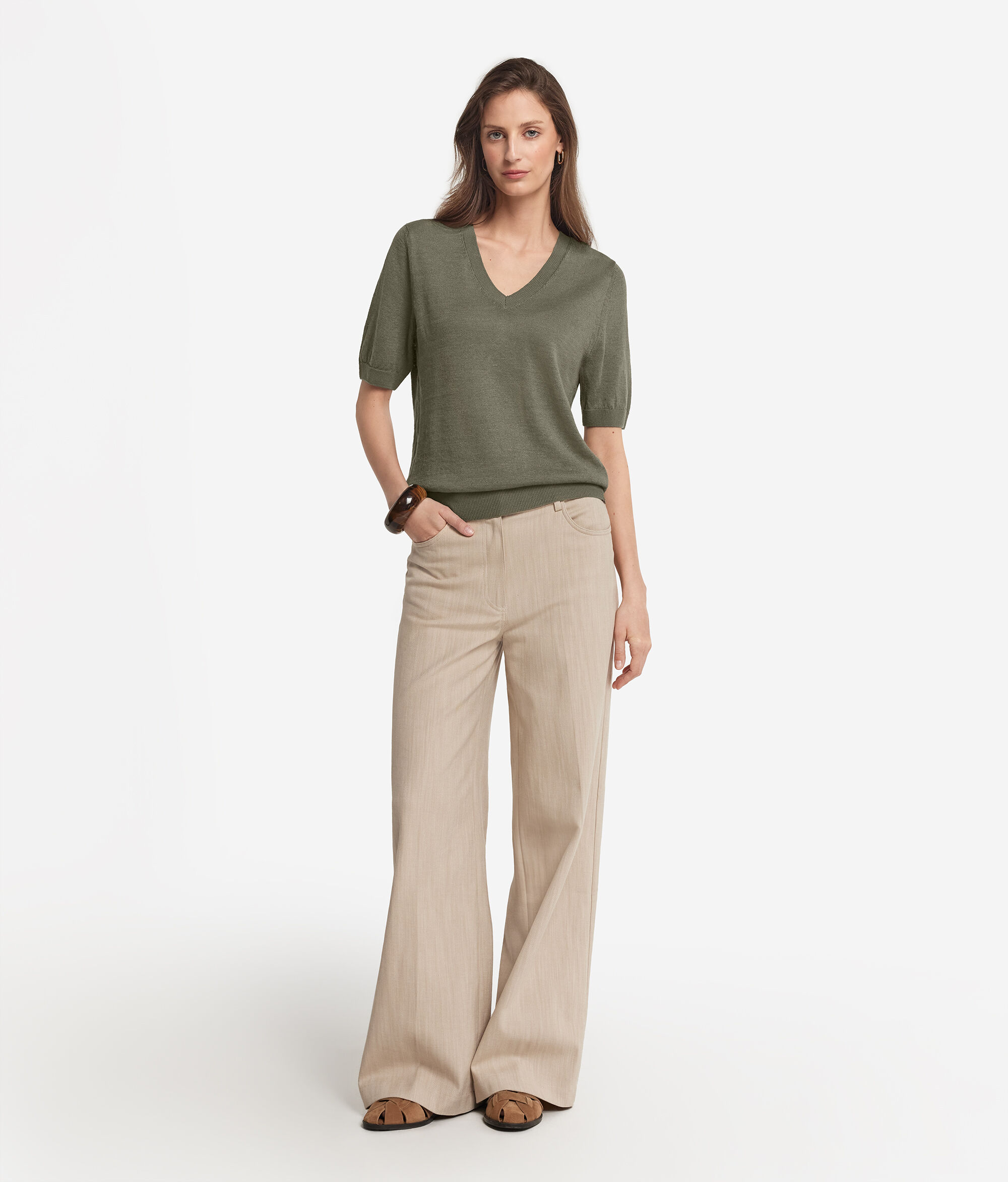 V-Neck Linen and Cotton T-Shirt