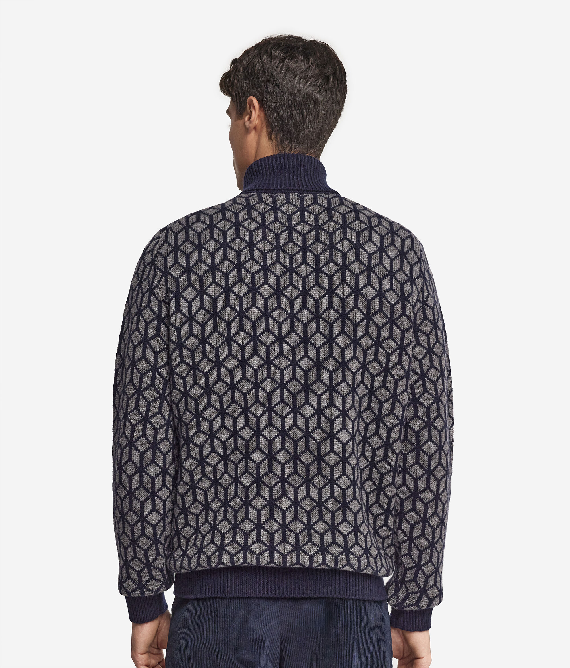 Jacquard Cashmere Turtleneck Jumper with Optical Motif