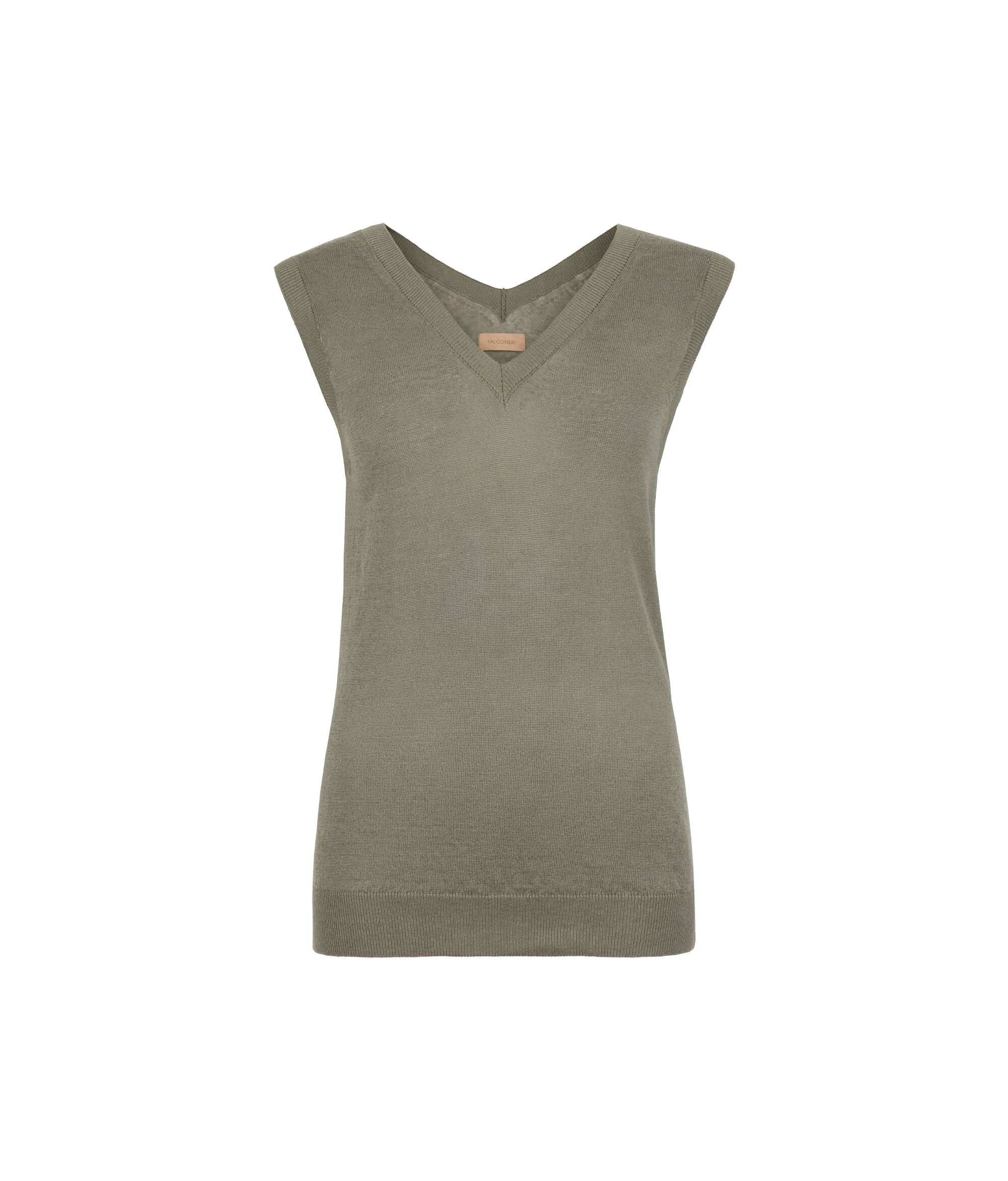 Camiseta sin mangas con cuello de pico de lino y algodón