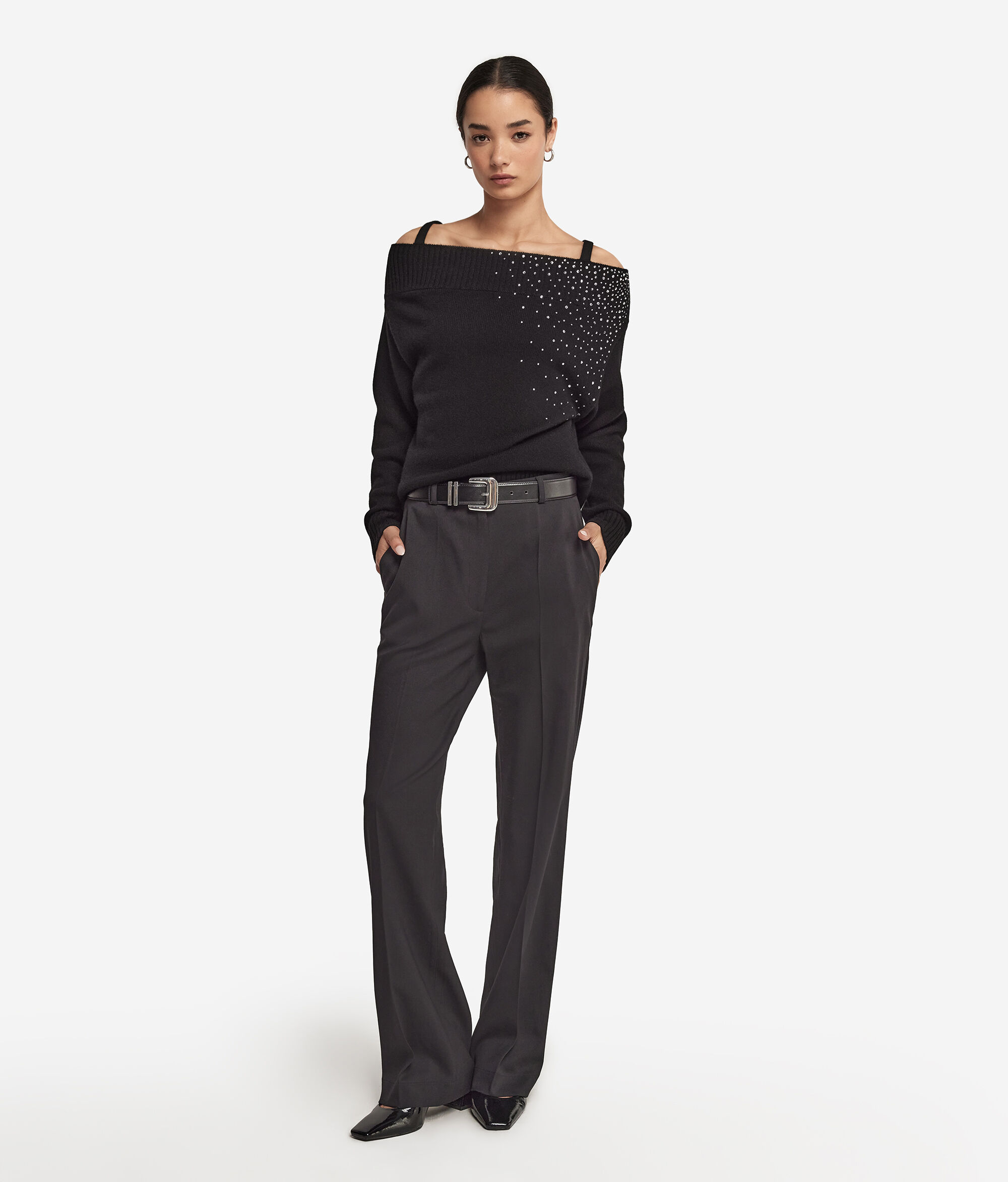 Maglia con Spalle Scoperte e Strass in Cashmere
