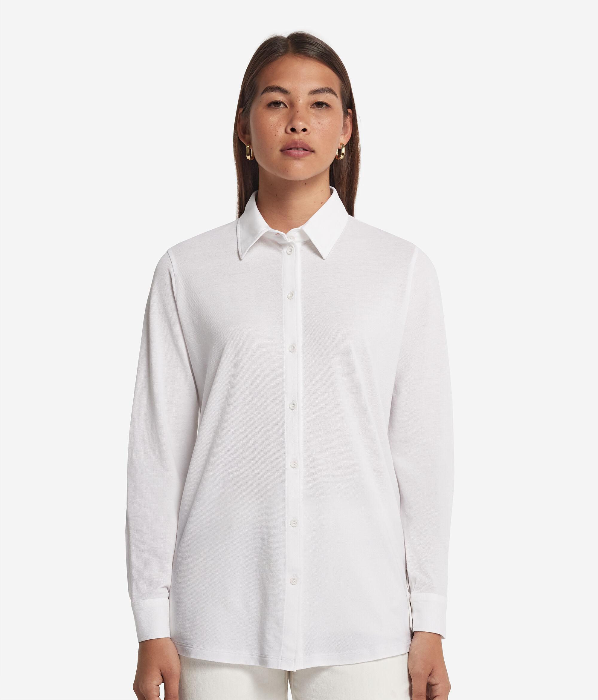 Long-Sleeved Shirt in Cotton and Silk Piqué