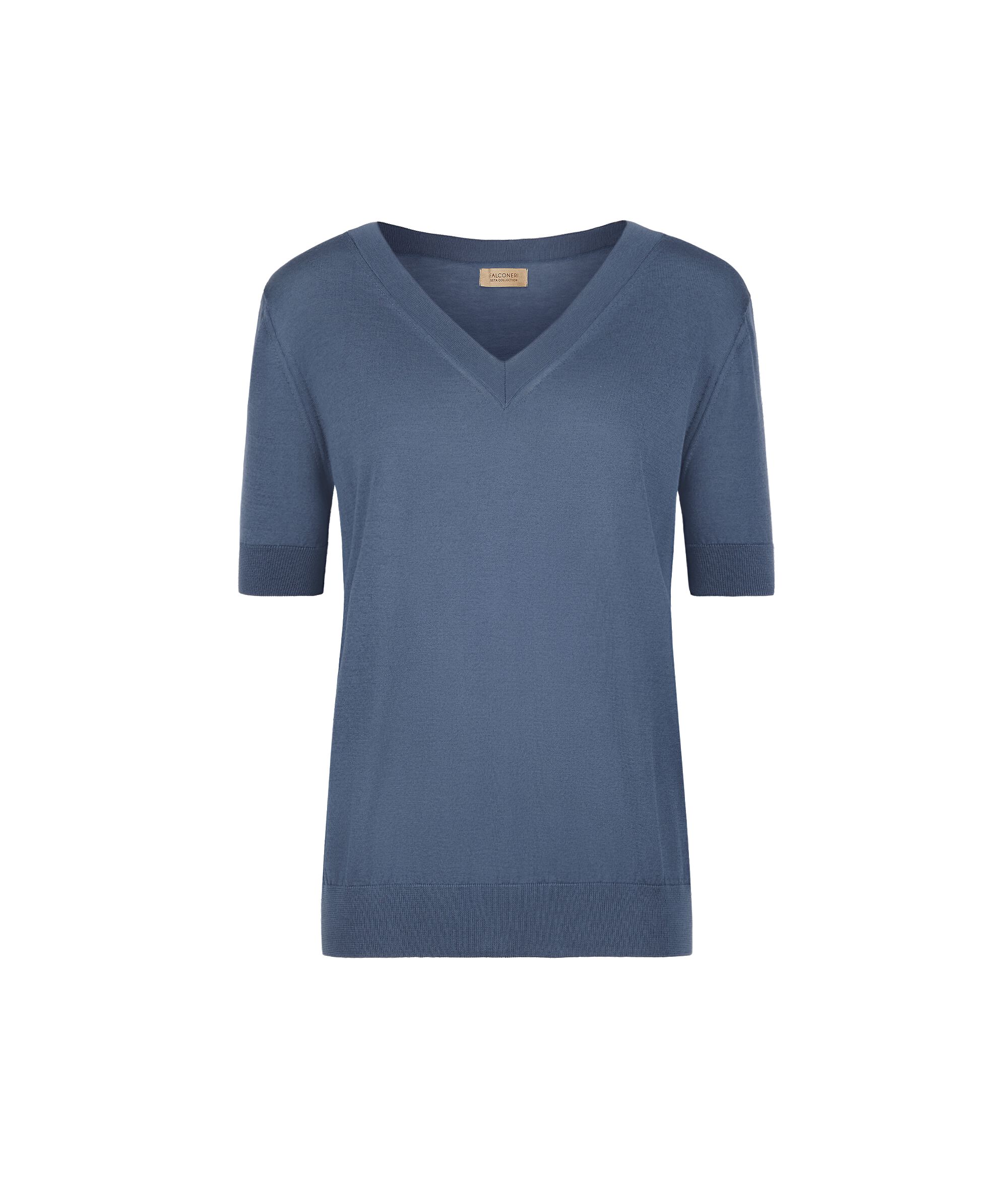 Short-Sleeved V-Neck Silk and Cotton Jumper