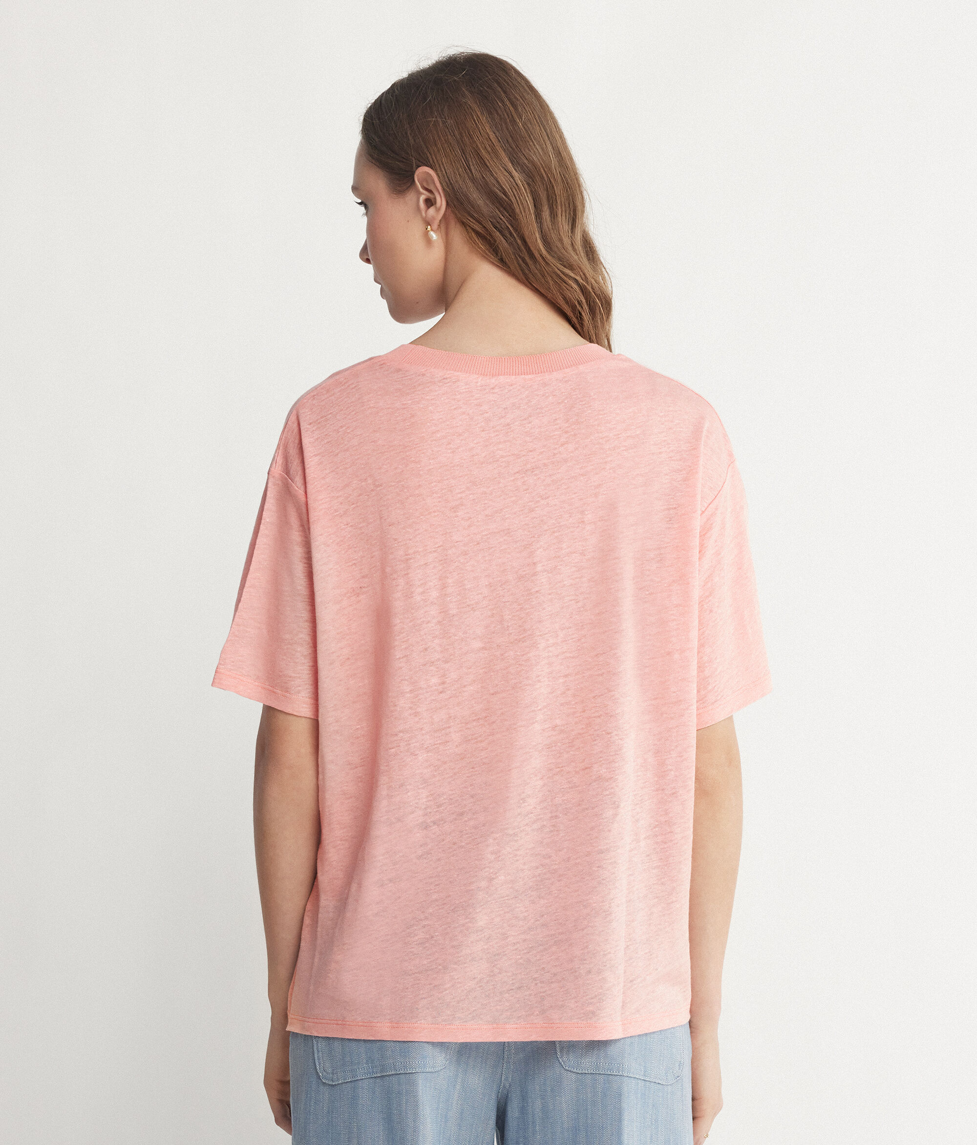 T-Shirt mit Rundhalsausschnitt aus Leinen mit Stricksaum
