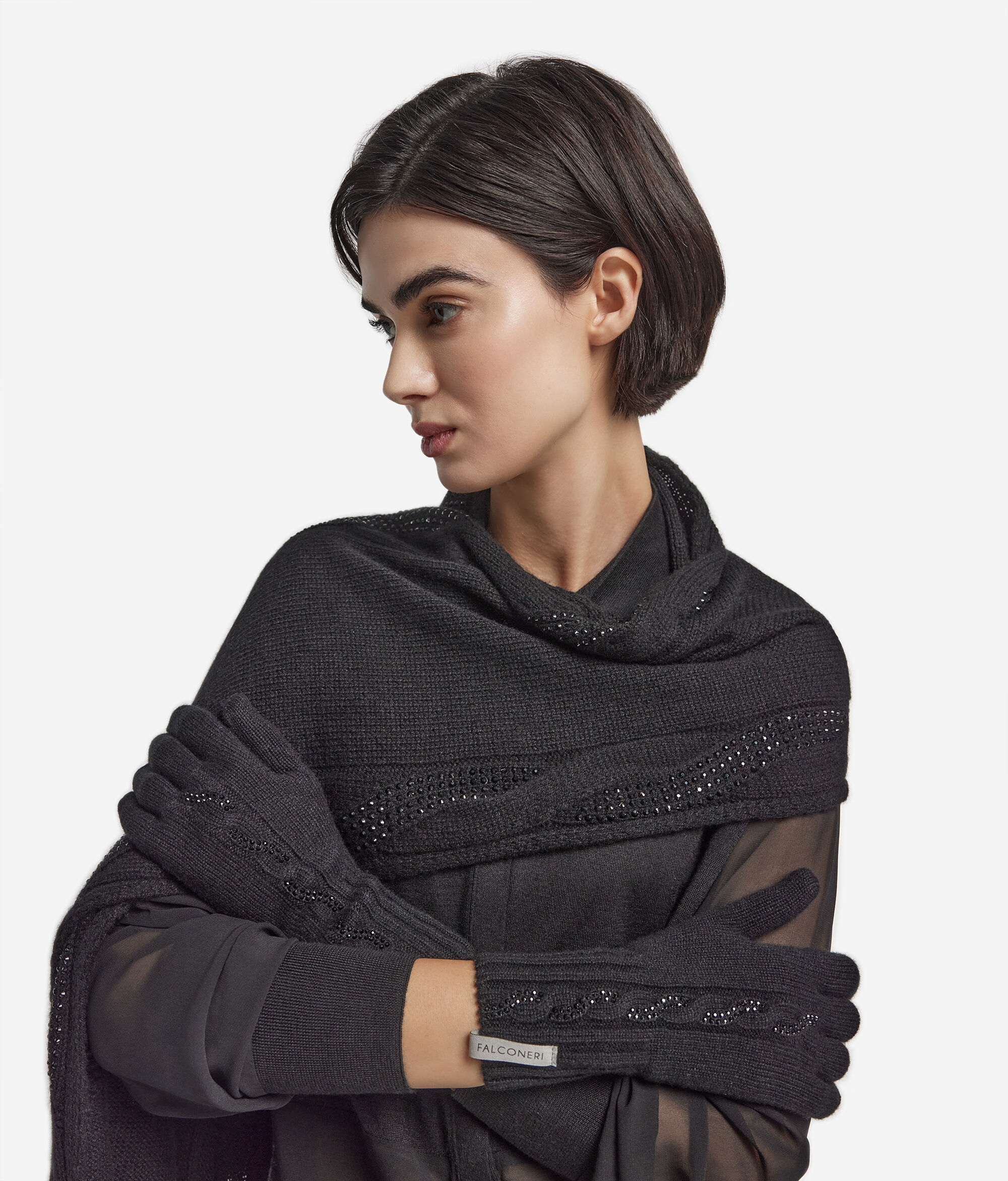 Guanti con trecce e strass in Cashmere Ultrasoft