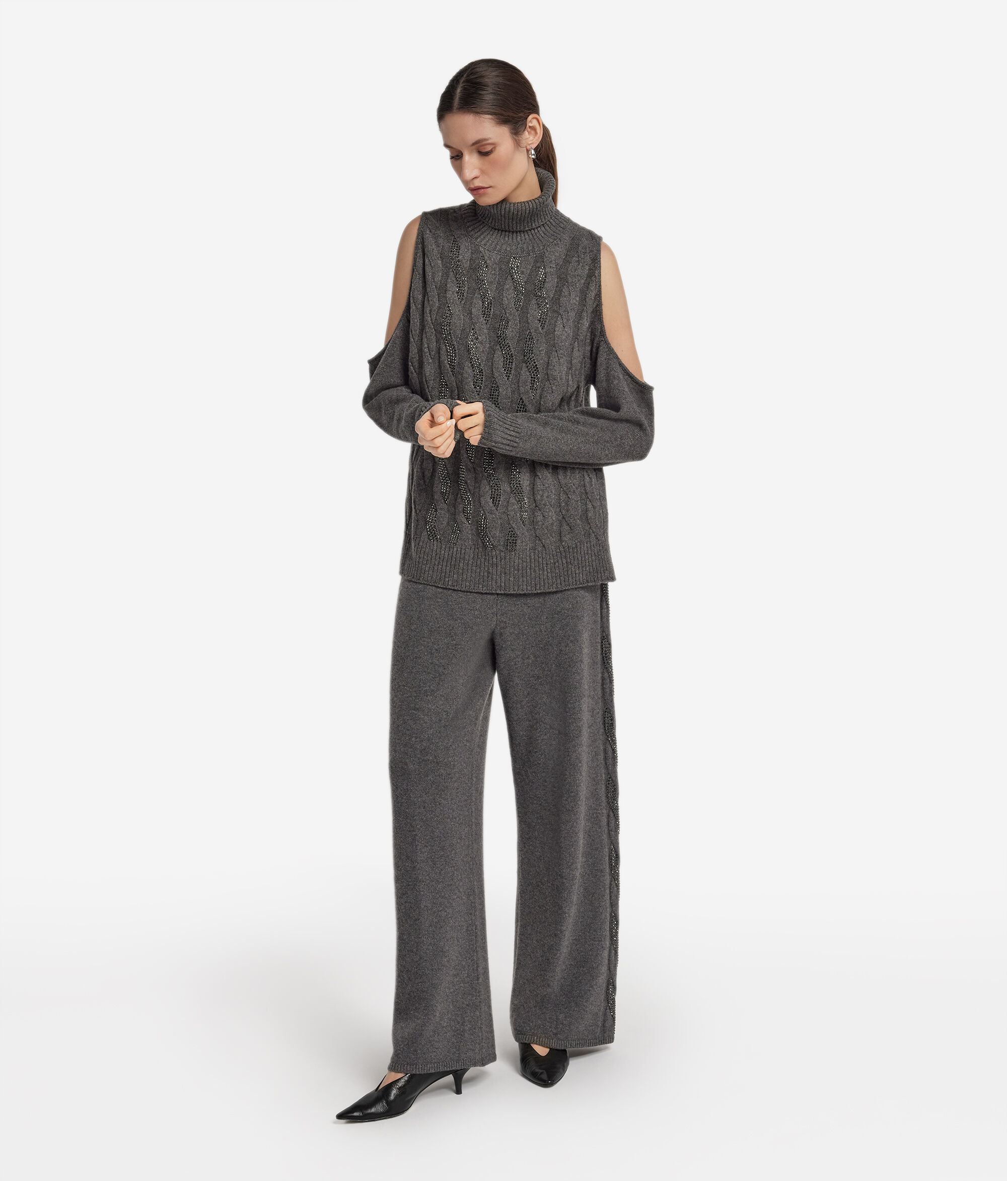 Cut-out Cable-knit Sweater with Rhinestones in Ultrasoft Cashmere