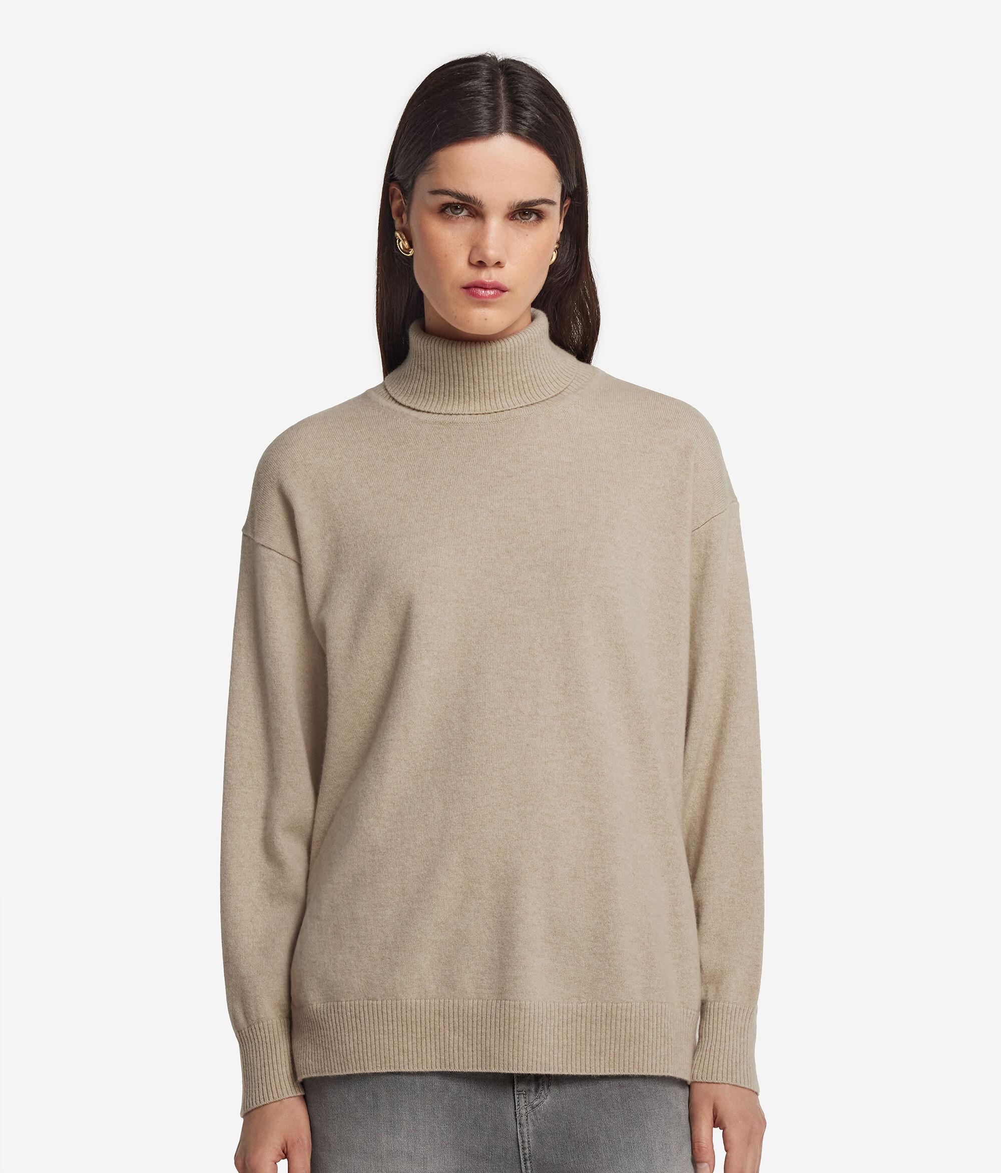 Camisola de Gola Alta em Ultrasoft Cashmere com Rachas
