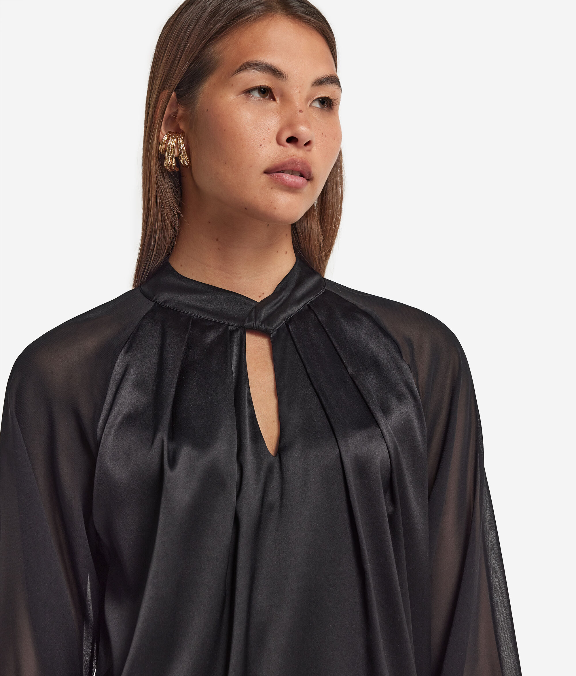 Silk Satin Blouse with Crossover Collar