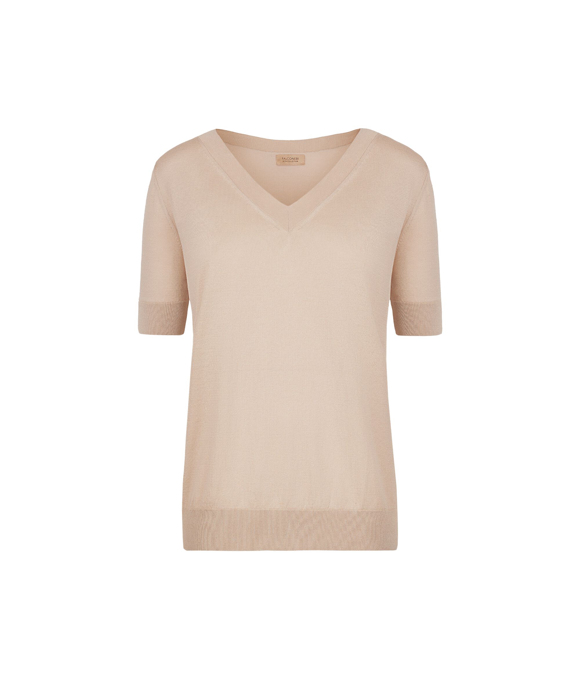 Camiseta con cuello de pico y manga corta en seda y algodón