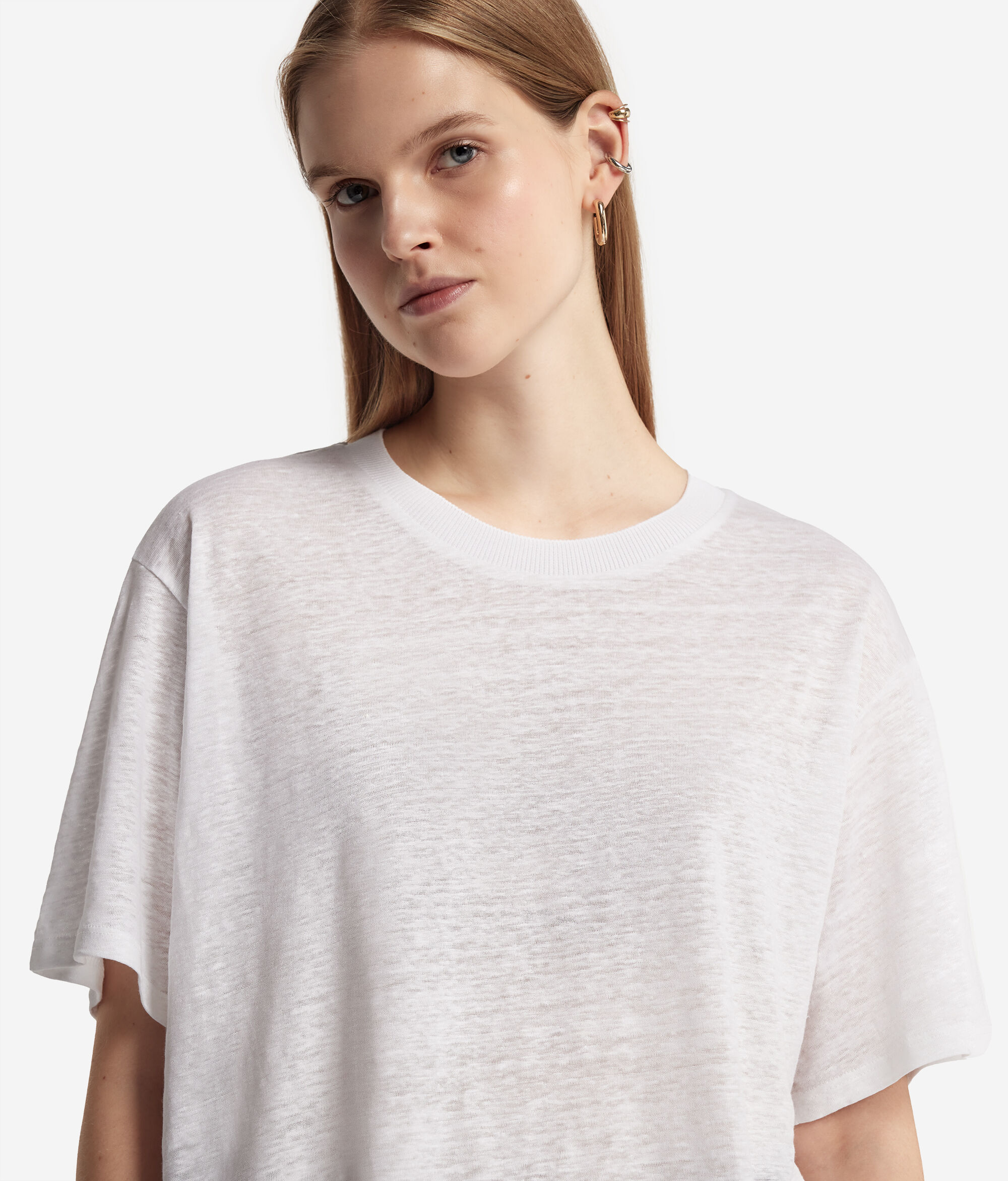 T-Shirt mit Rundhalsausschnitt aus Leinen mit Stricksaum