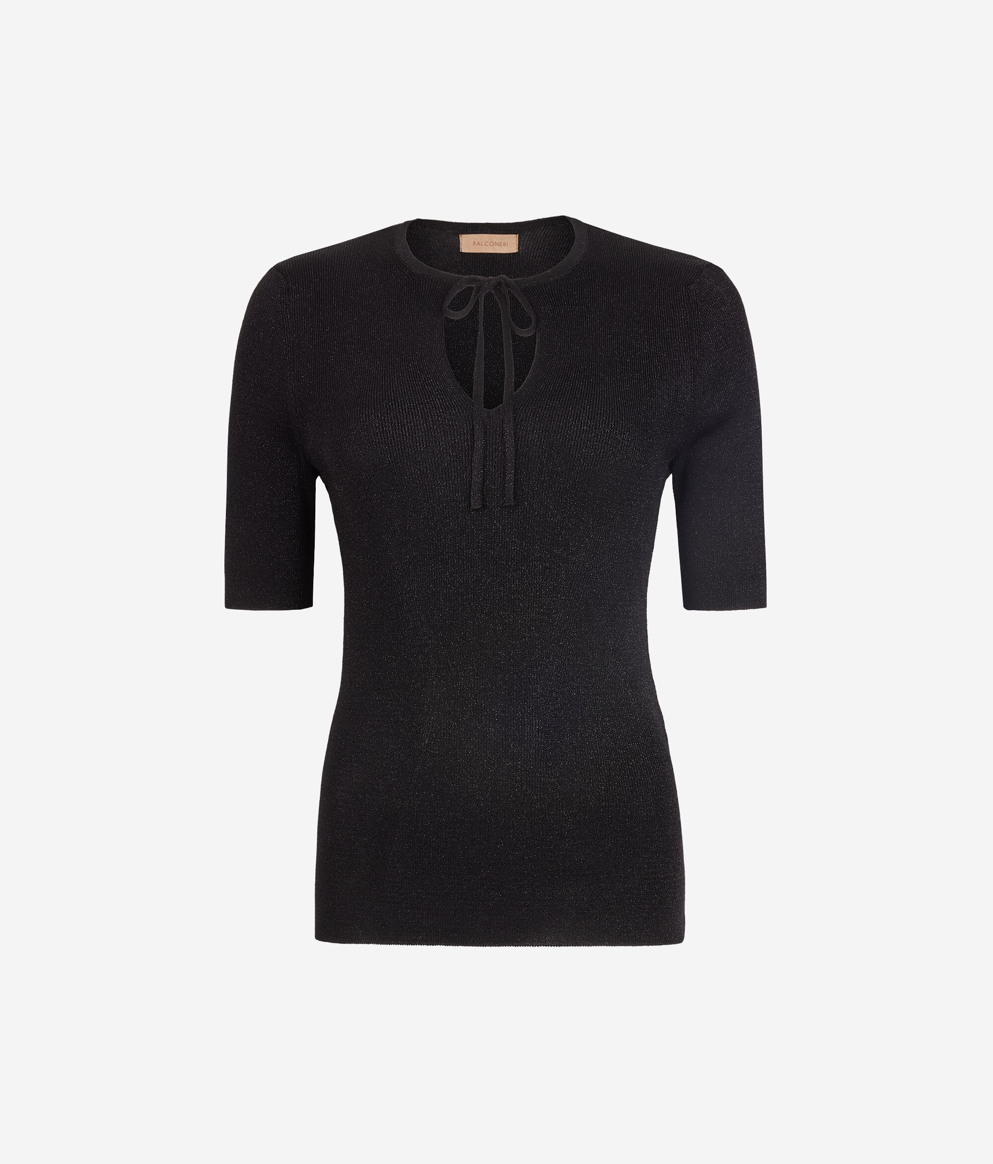 Short-Sleeved Lamé Top with Tie
