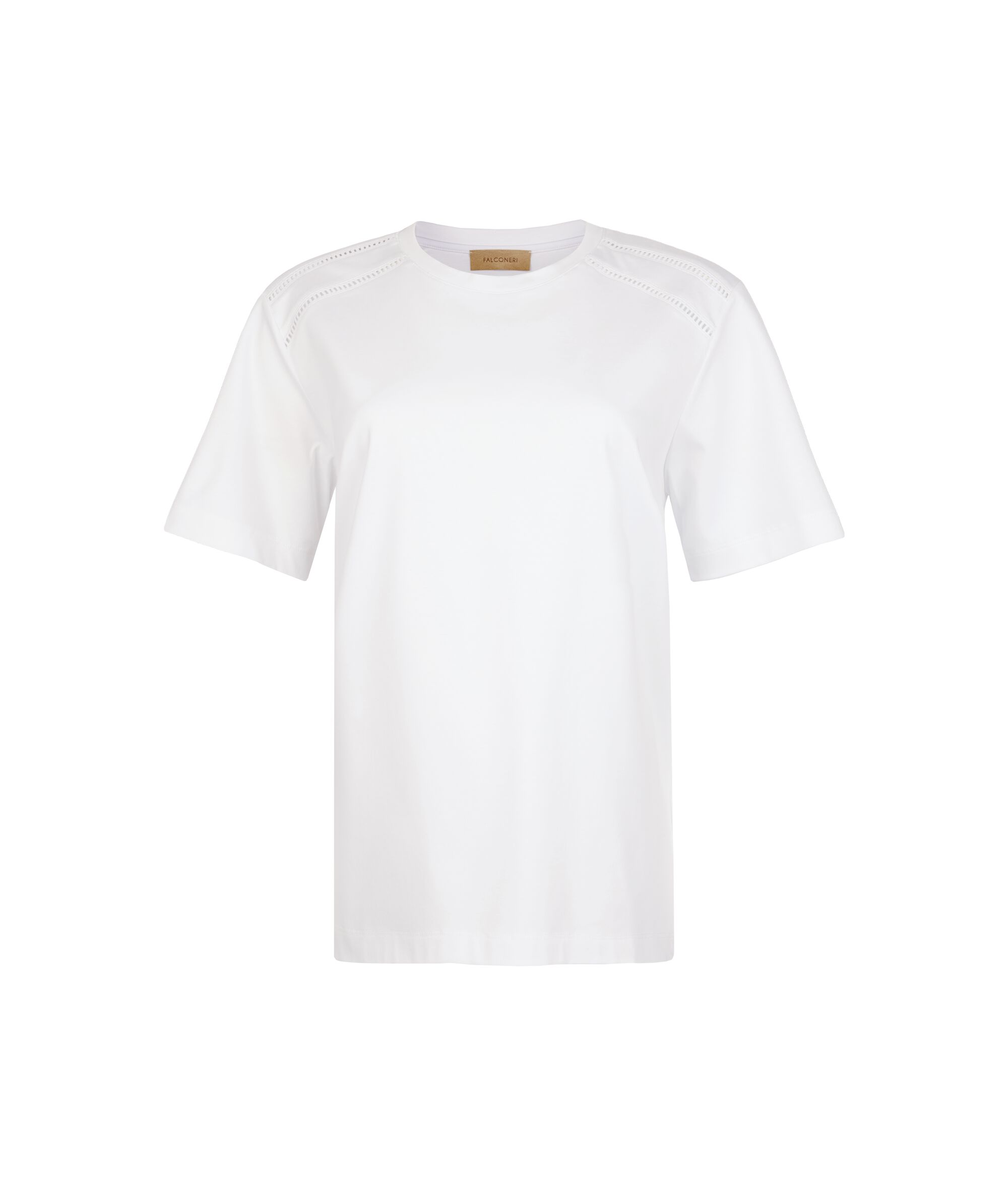 Jedwabny T-shirt z Okrągłym Dekoltem i Makramowymi Wstawkami