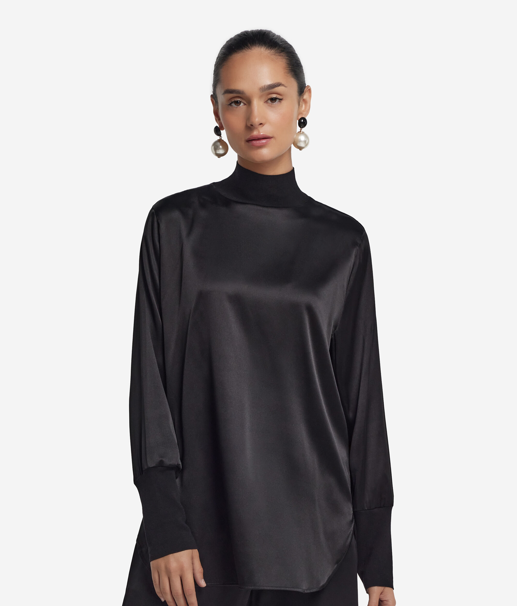 Silk satin blouse with jersey inserts