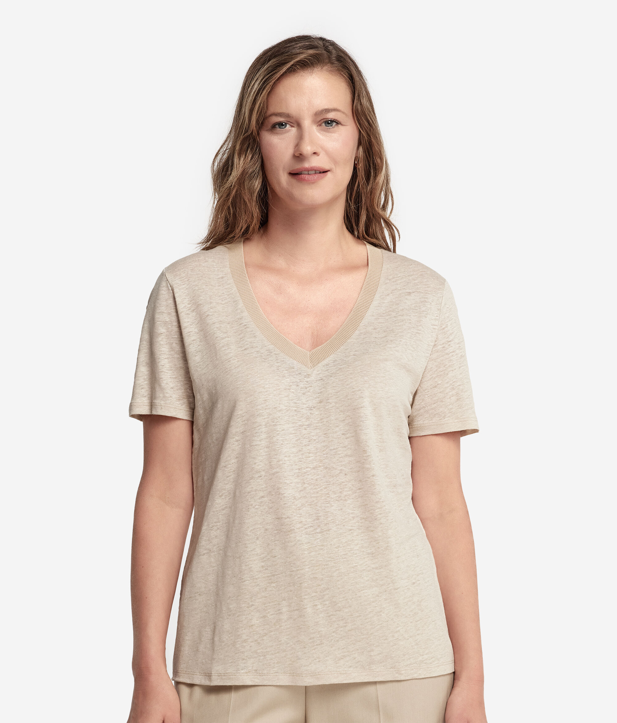 T-Shirt aus Leinen mit V-Ausschnitt und Stricksaum