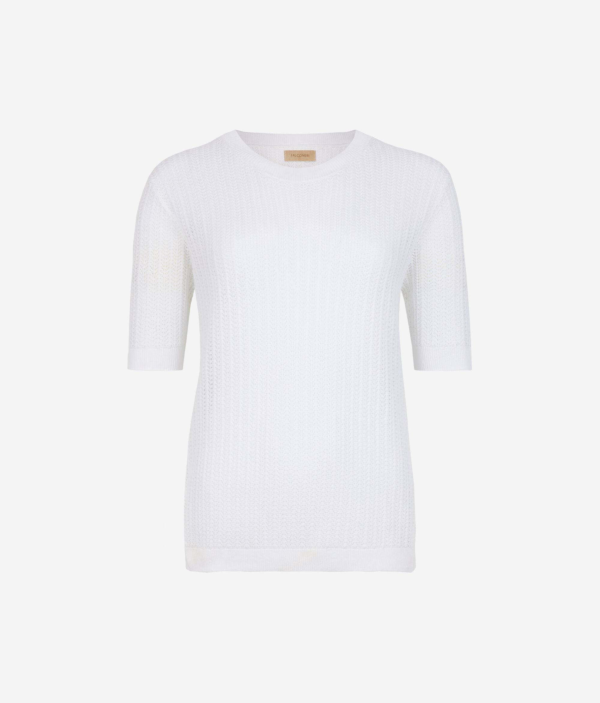 T-shirt à col rond en coton côtelé ajouré