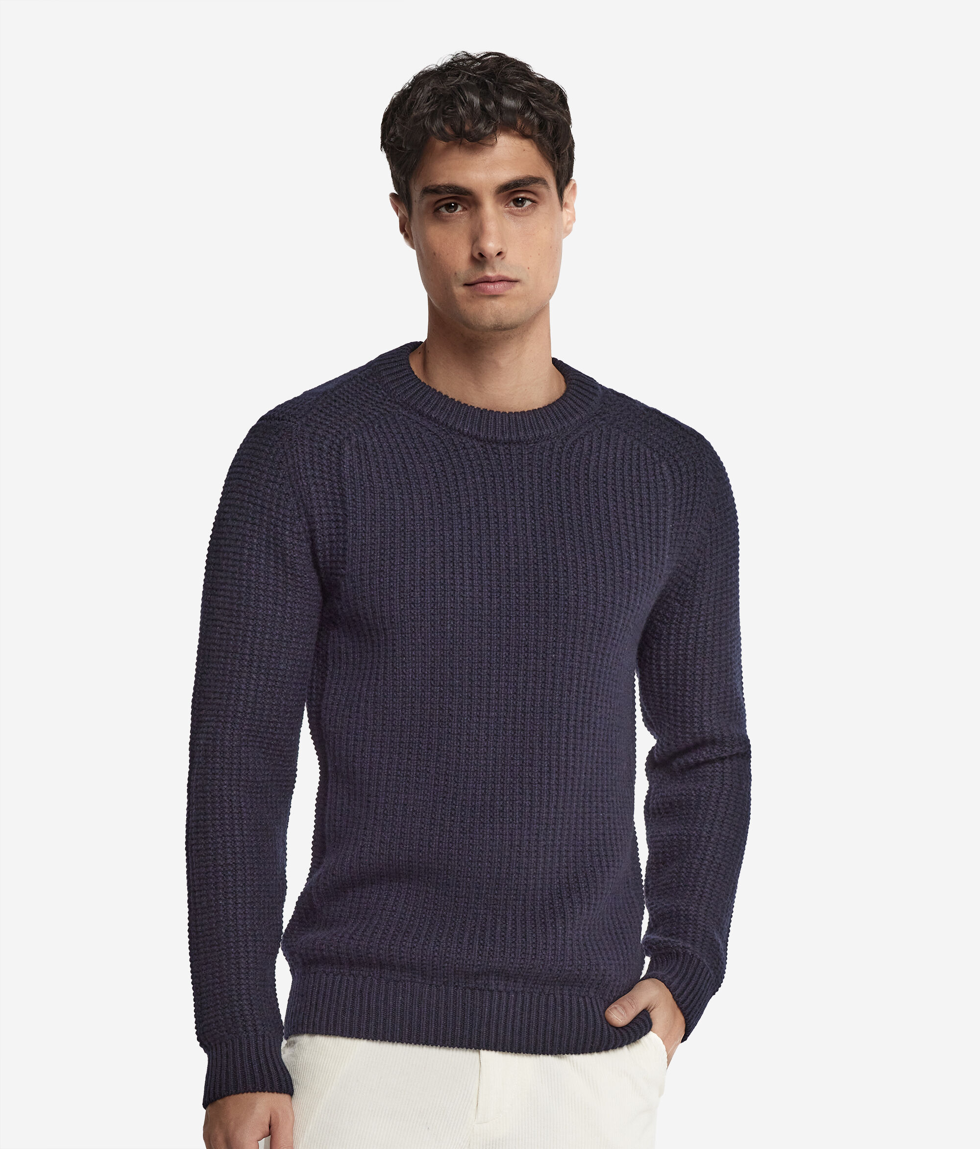 Pull col rond à motif côtelé en cachemire ultra-doux