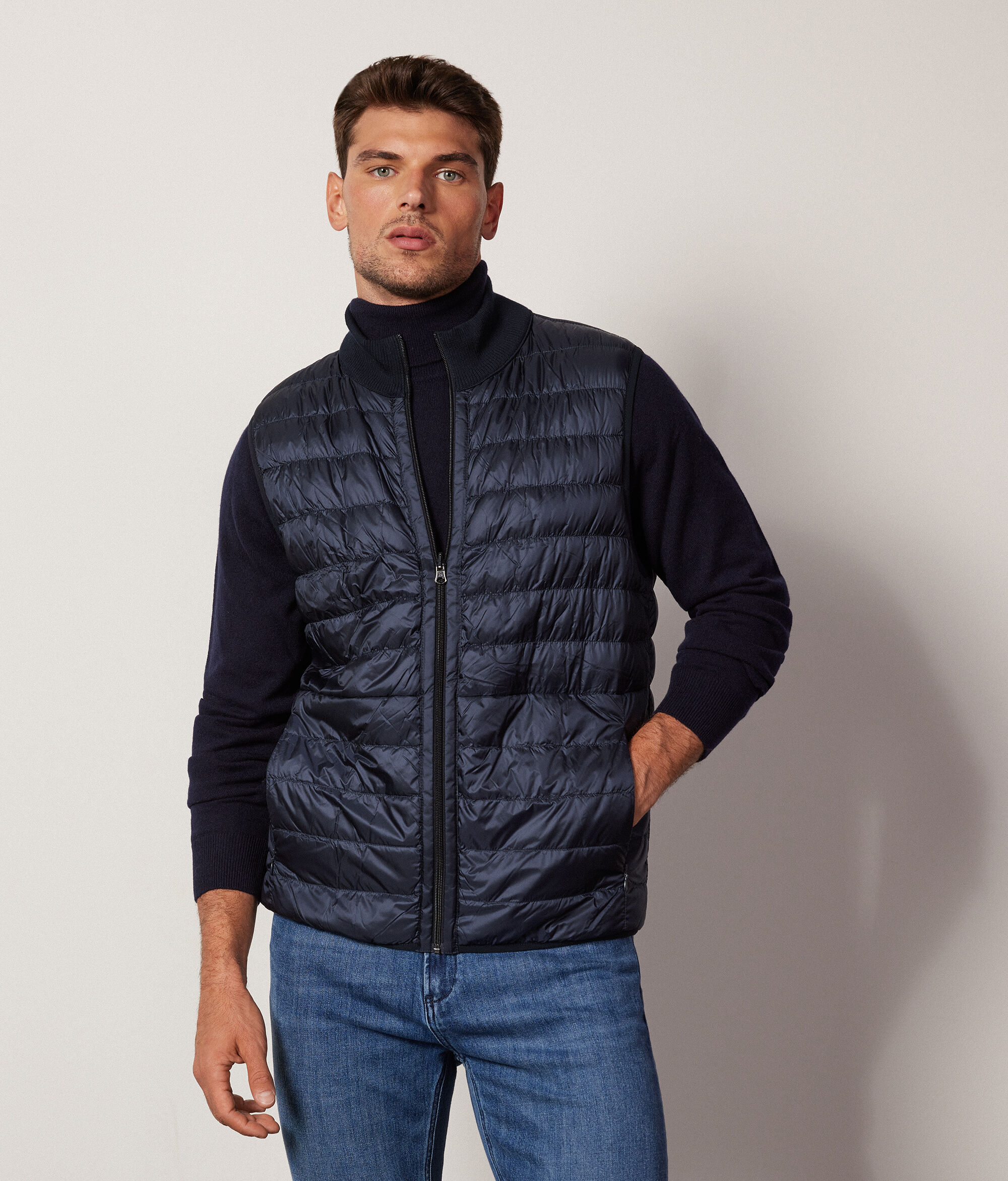Chaleco de plumas para hombre reversible