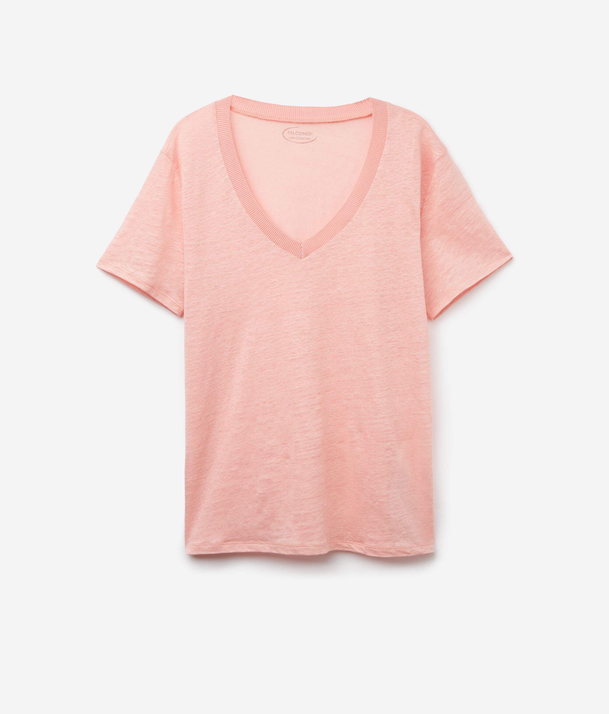 T-Shirt aus Leinen mit V-Ausschnitt und Stricksaum