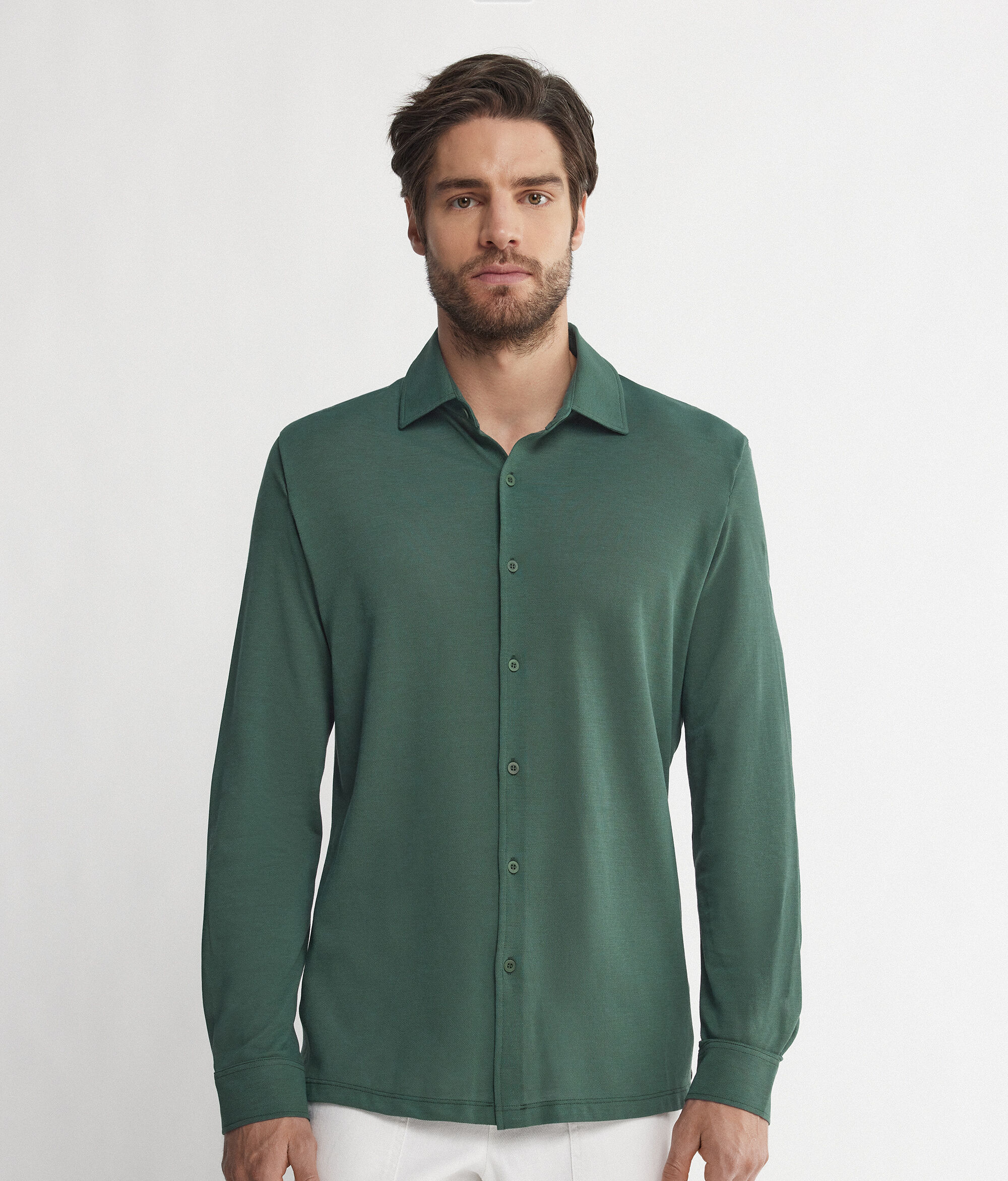 Camicia a Maniche Lunghe in Piquet di Cotone Seta