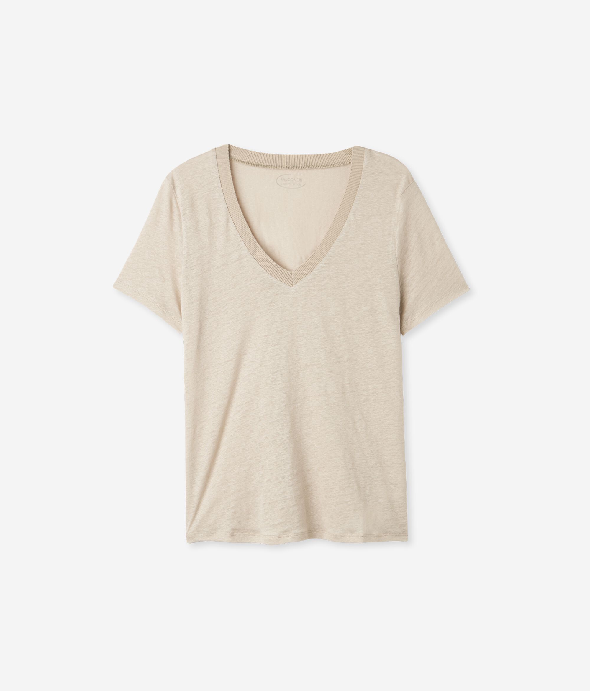 T-Shirt aus Leinen mit V-Ausschnitt und Stricksaum