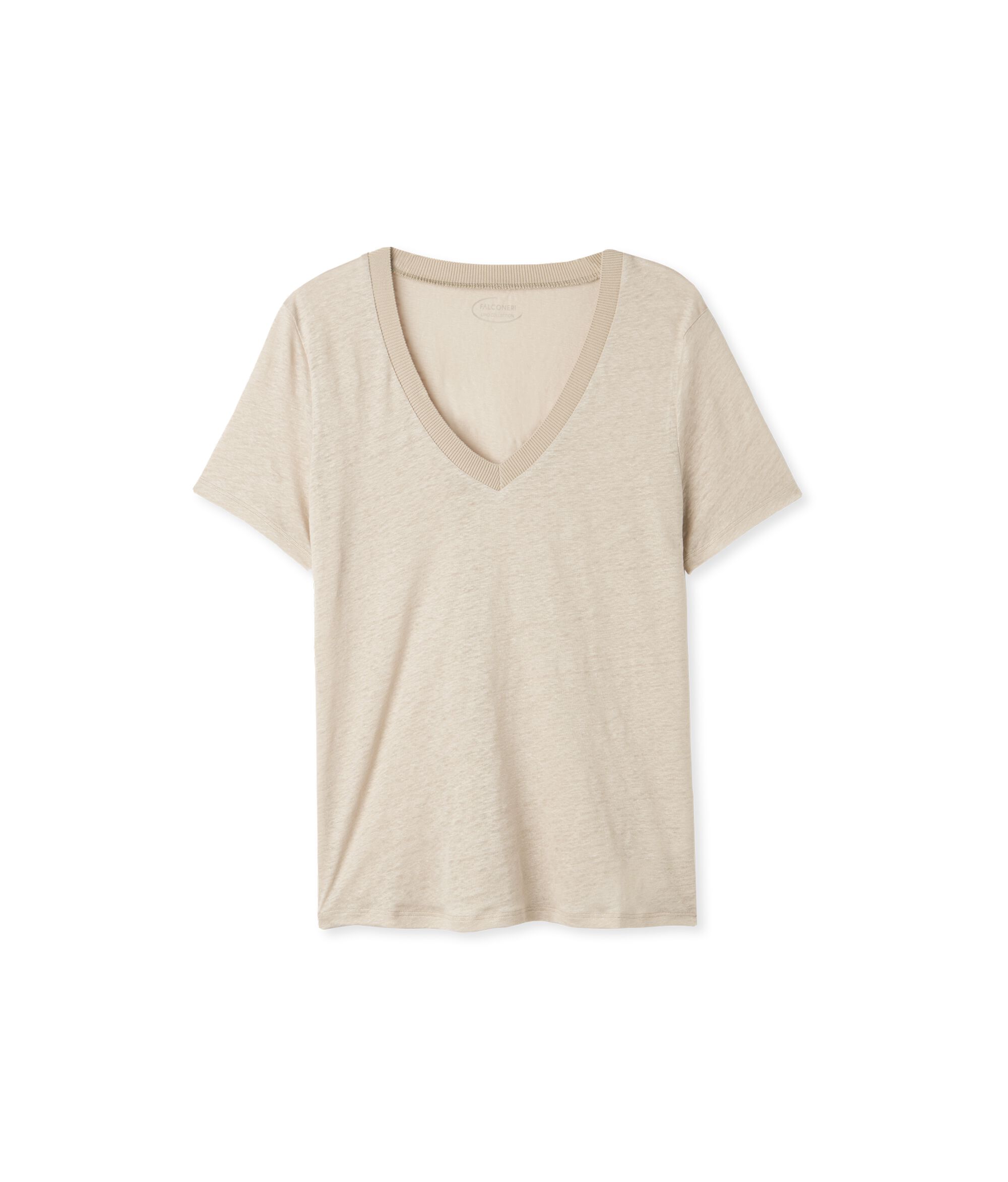 T-Shirt aus Leinen mit V-Ausschnitt und Stricksaum