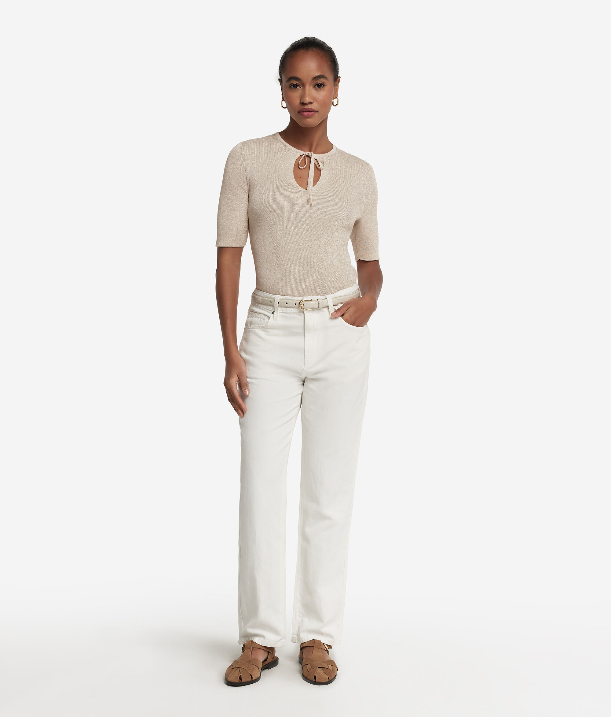 Short-Sleeved Lamé Top with Tie