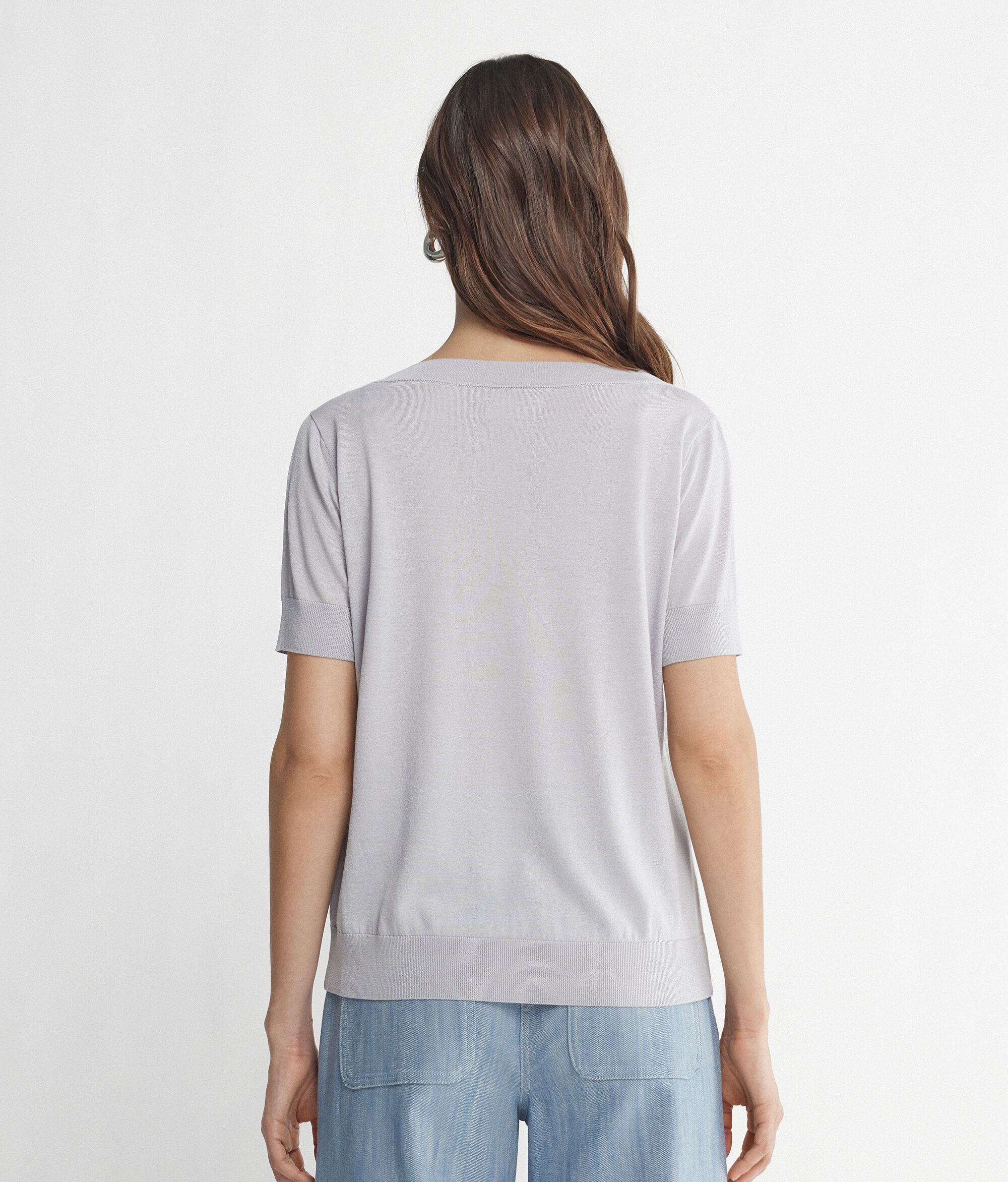 Short-Sleeved V-Neck Silk and Cotton Jumper