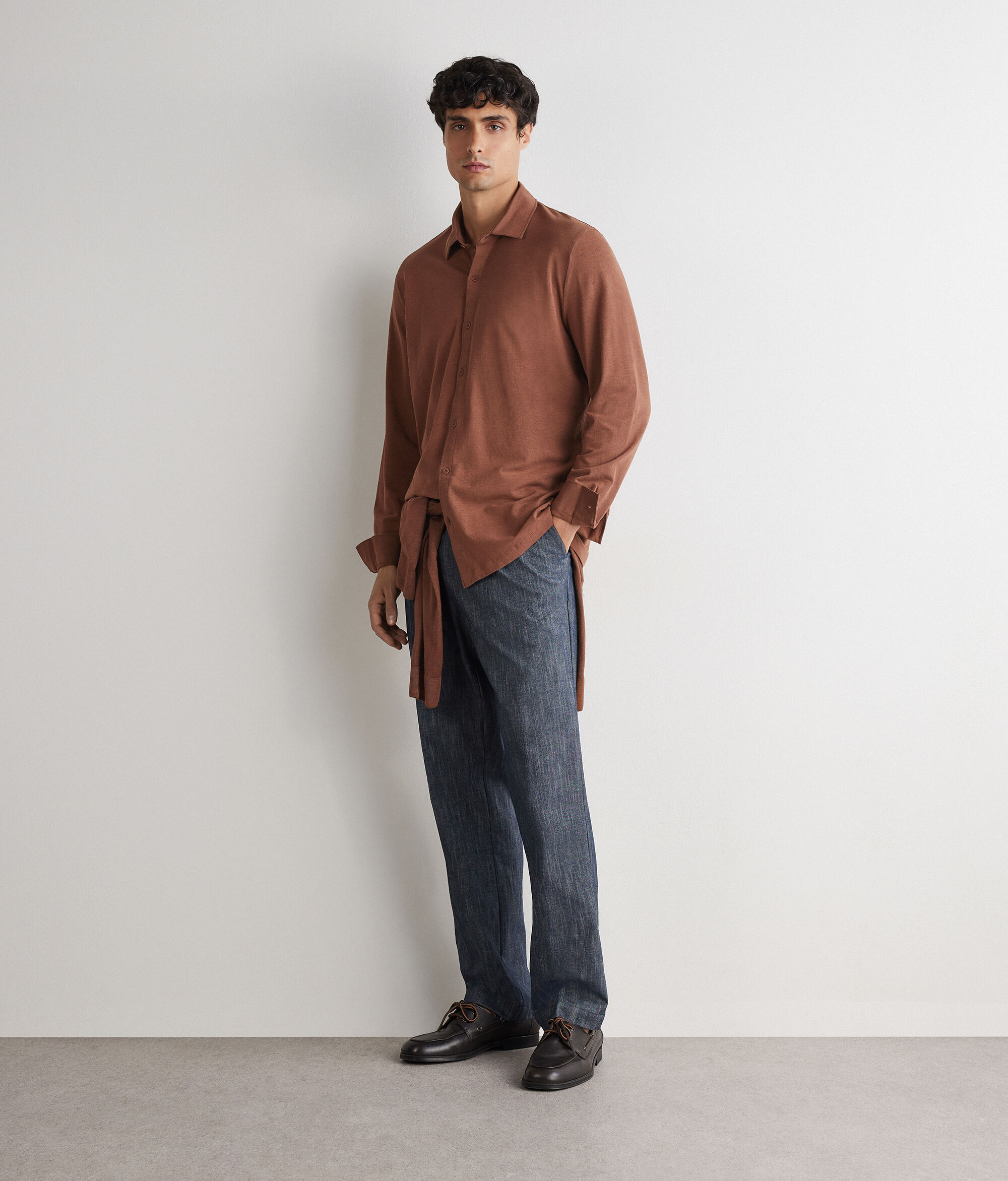 Long-Sleeved Shirt in Cotton and Silk Piqué