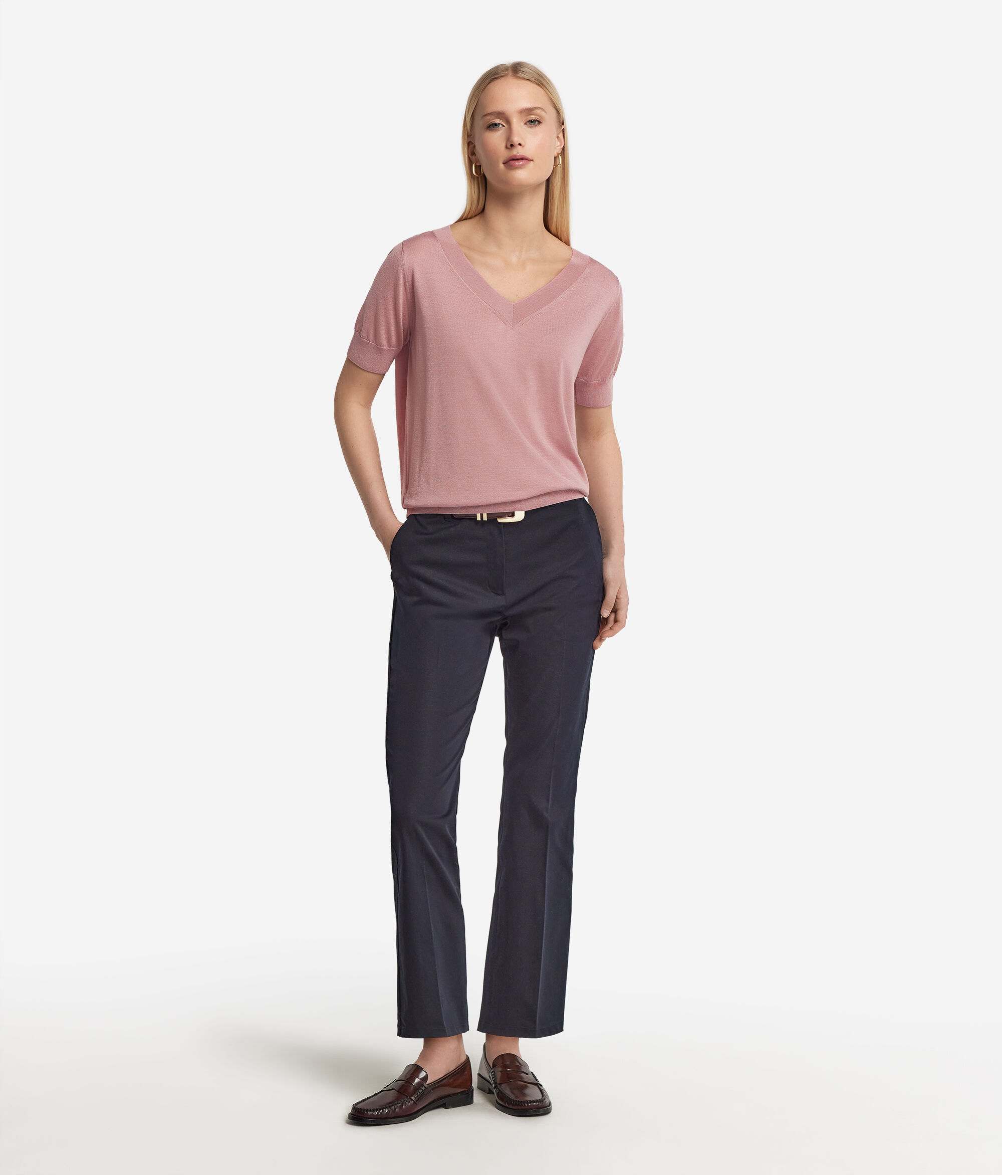 Short-Sleeved V-Neck Silk and Cotton Jumper