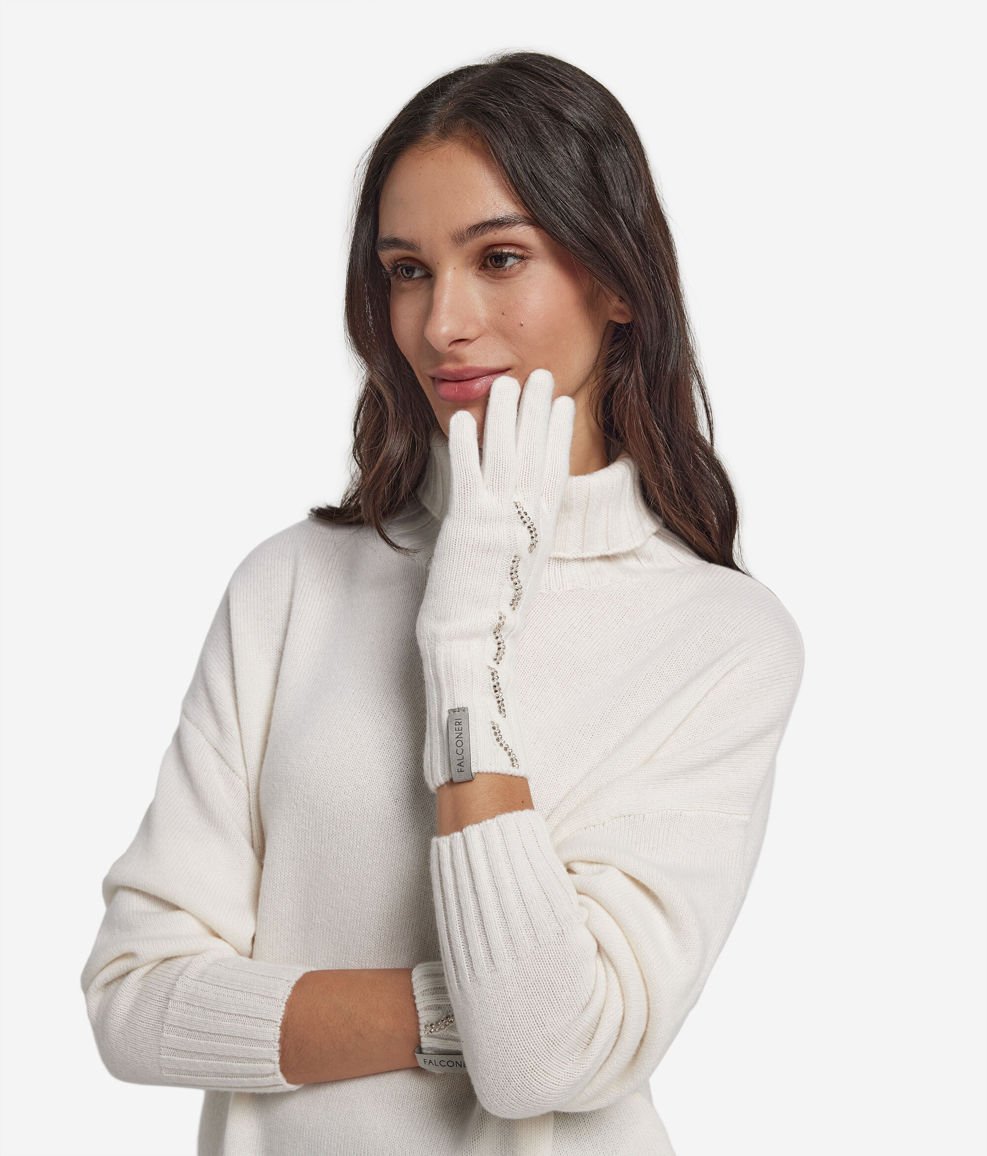 Ultrasoft Cashmere gloves with cable knit and rhinestones