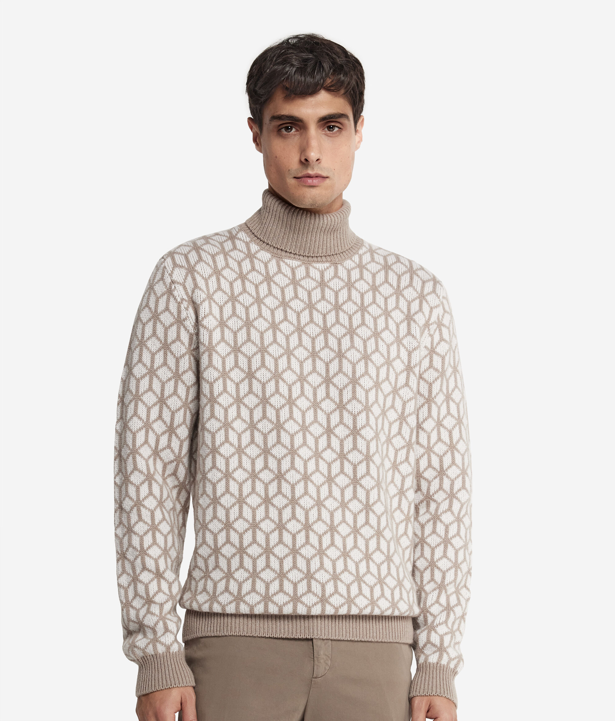 Jacquard Cashmere Turtleneck Jumper with Optical Motif