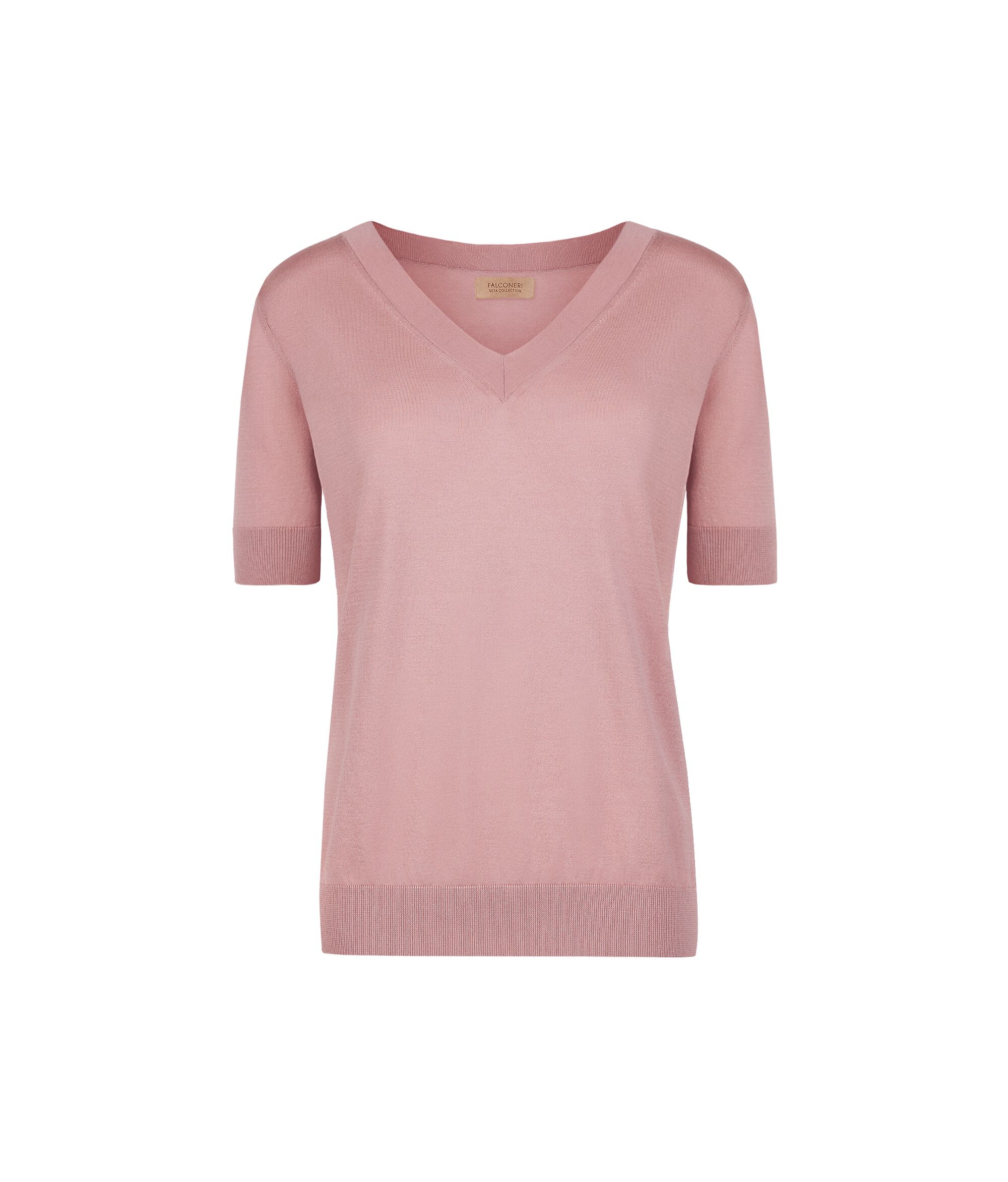 Short-Sleeved V-Neck Silk and Cotton Jumper