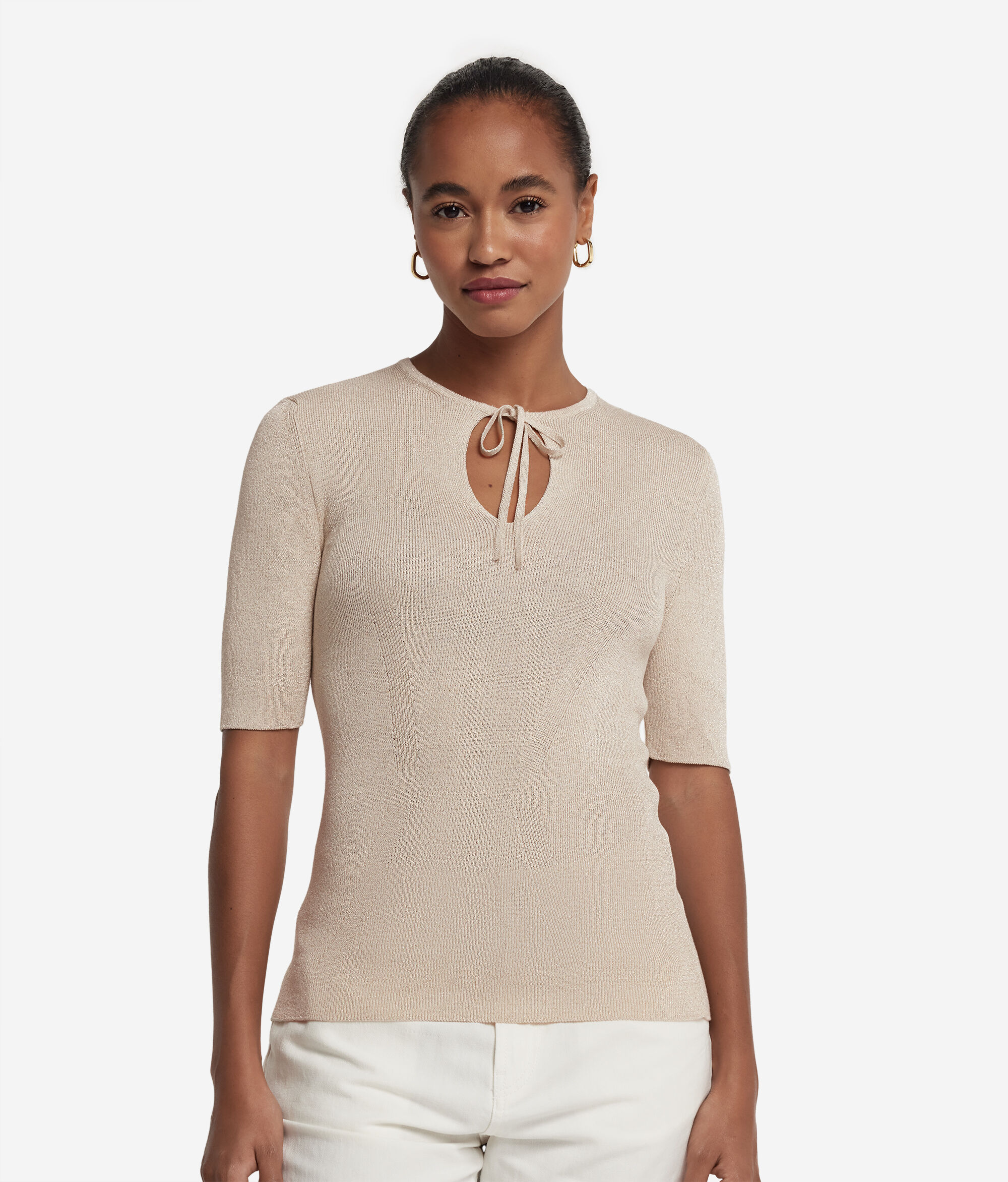 Short-Sleeved Lamé Top with Tie