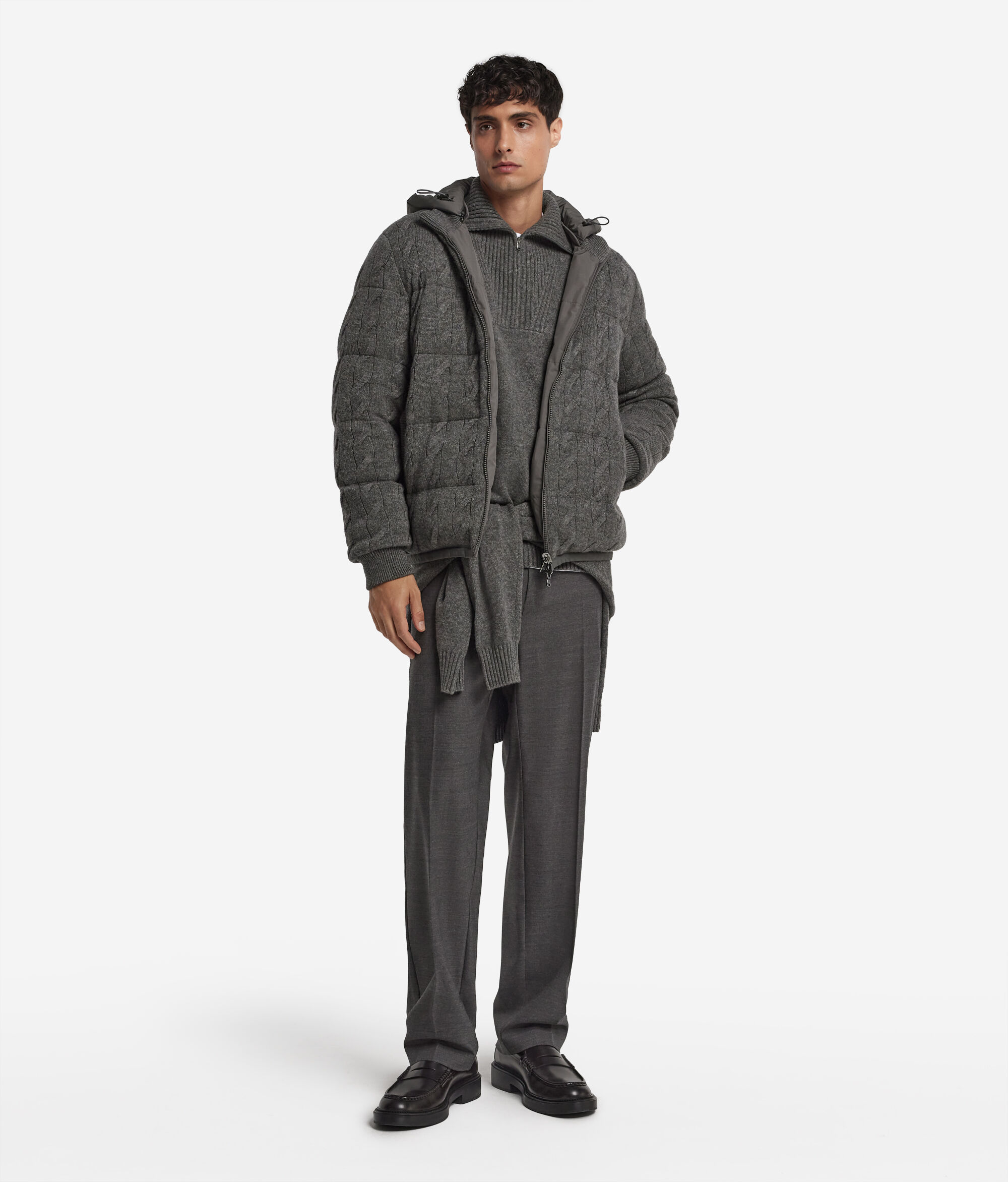 Cashmere cable-knit stitch reversible short quilted jacket