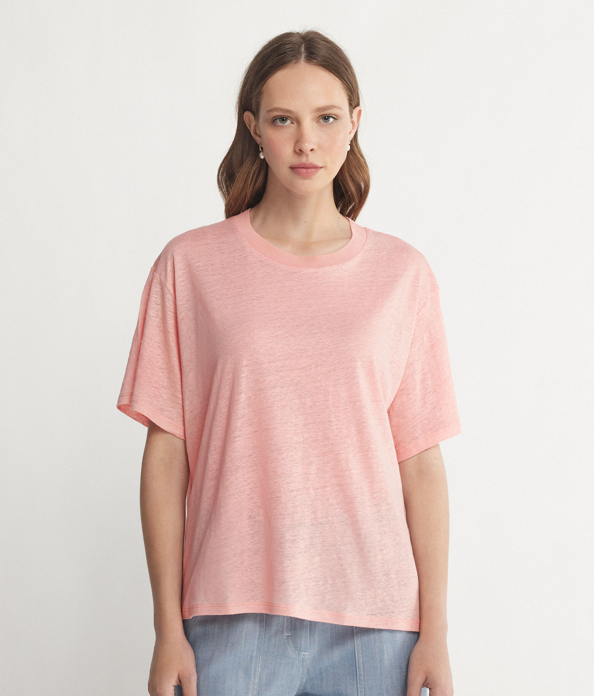 T-Shirt mit Rundhalsausschnitt aus Leinen mit Stricksaum