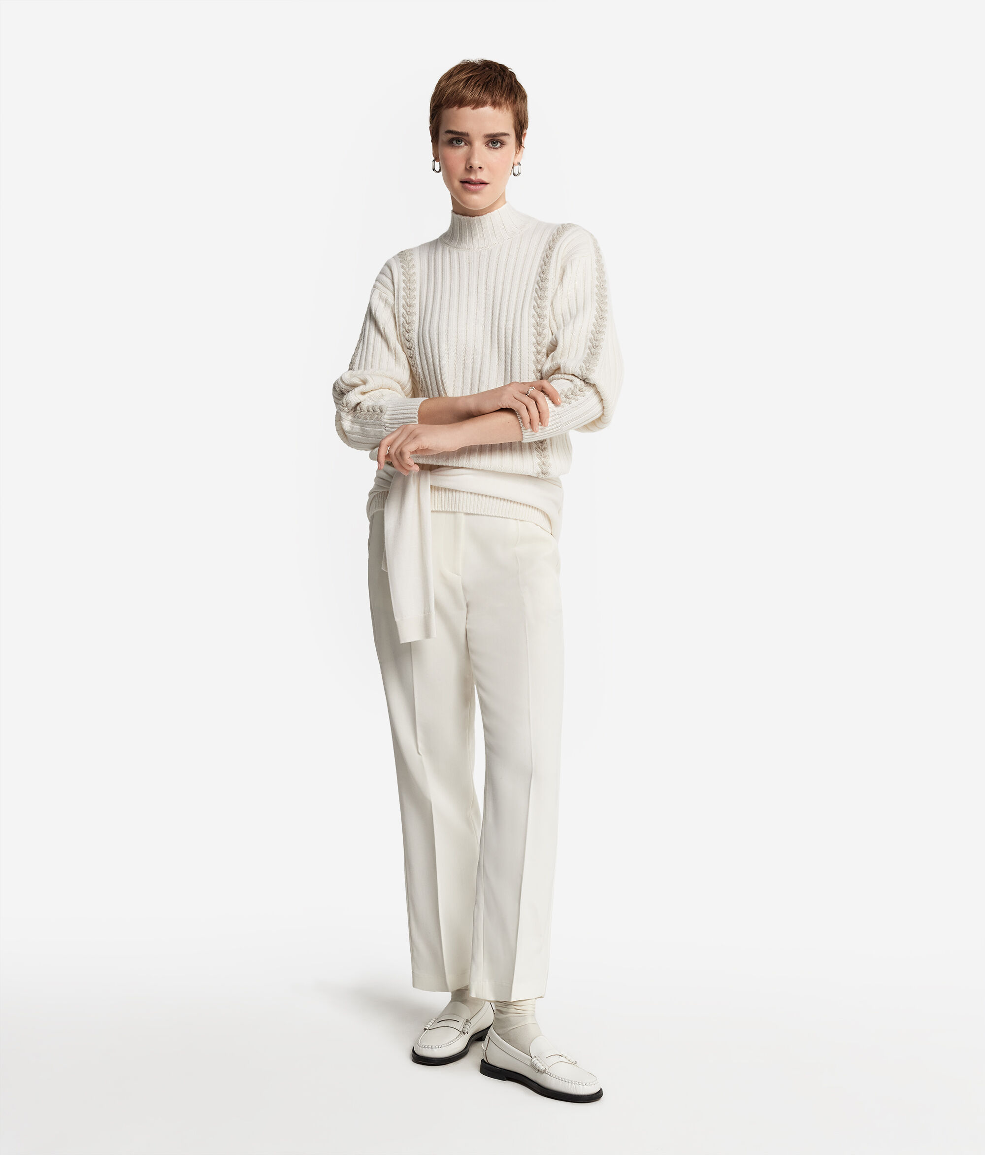Pull à col montant brodé avec motif côtelé en cachemire ultra-doux